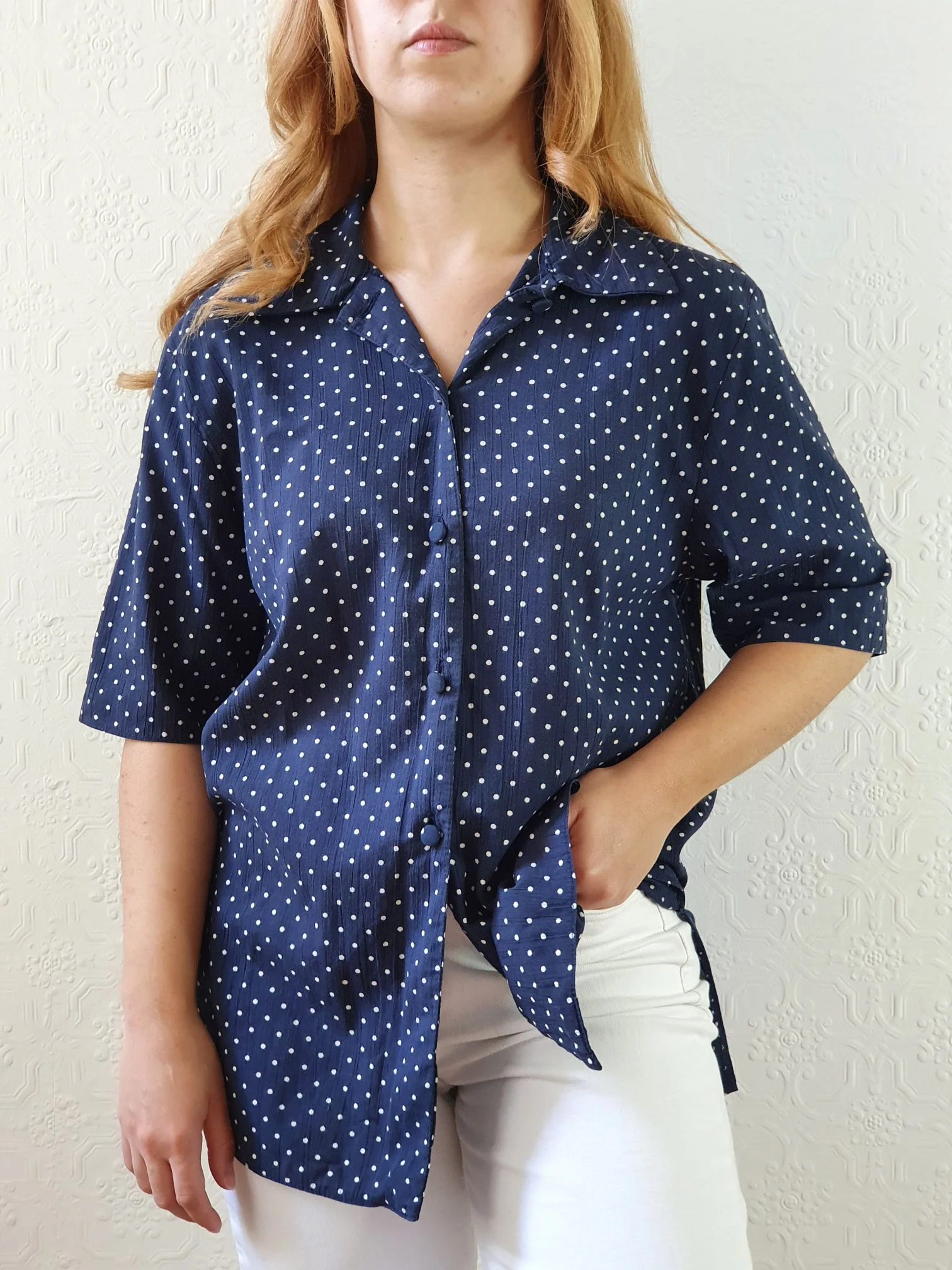 Vintage 80s Navy Blue Polka Dot Blouse - M - Image 10
