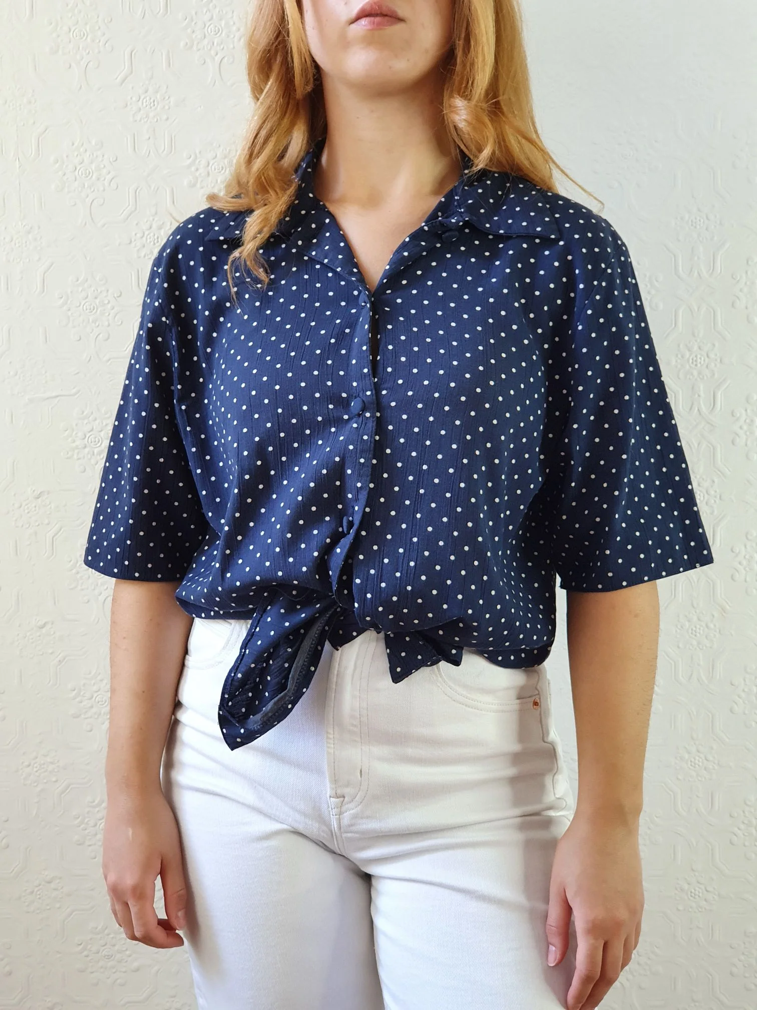 Vintage 80s Navy Blue Polka Dot Blouse - M - Image 2