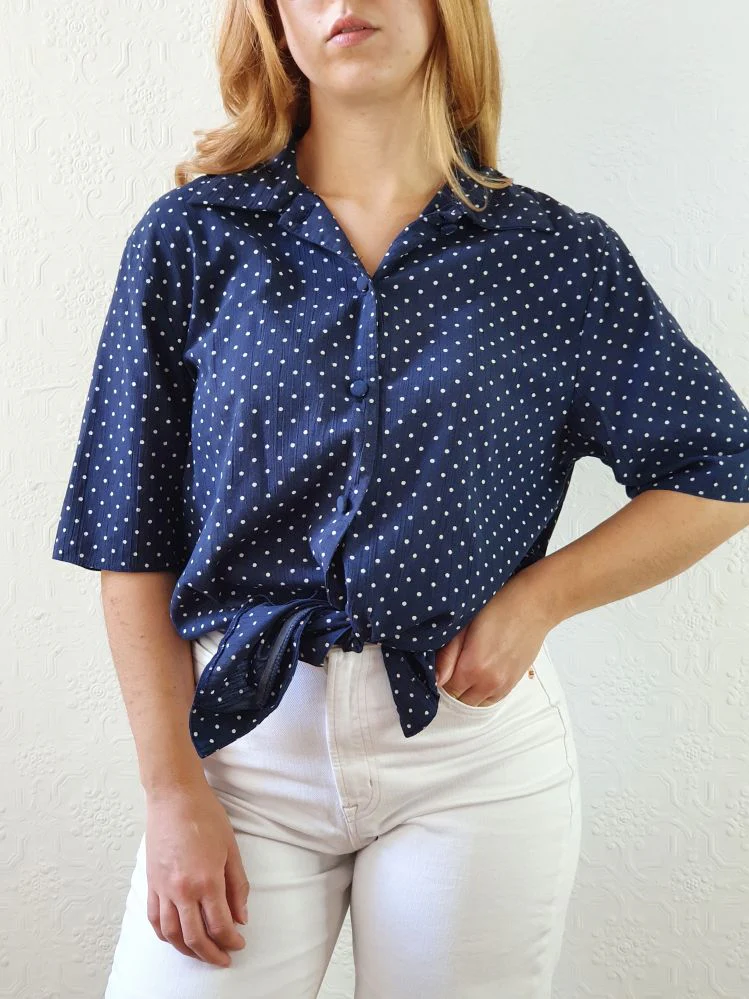 Vintage 80s Navy Blue Polka Dot Blouse - M - Image 3