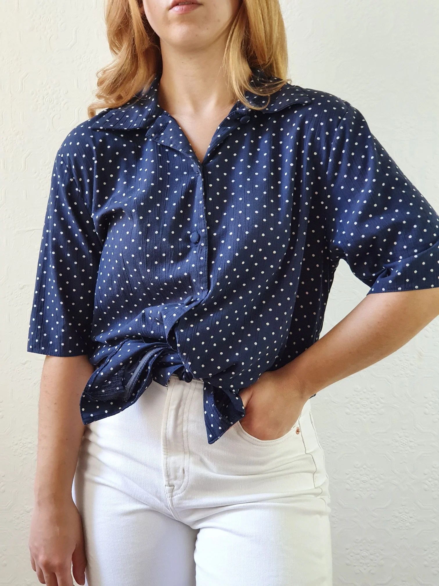 Vintage 80s Navy Blue Polka Dot Blouse - M - Image 4