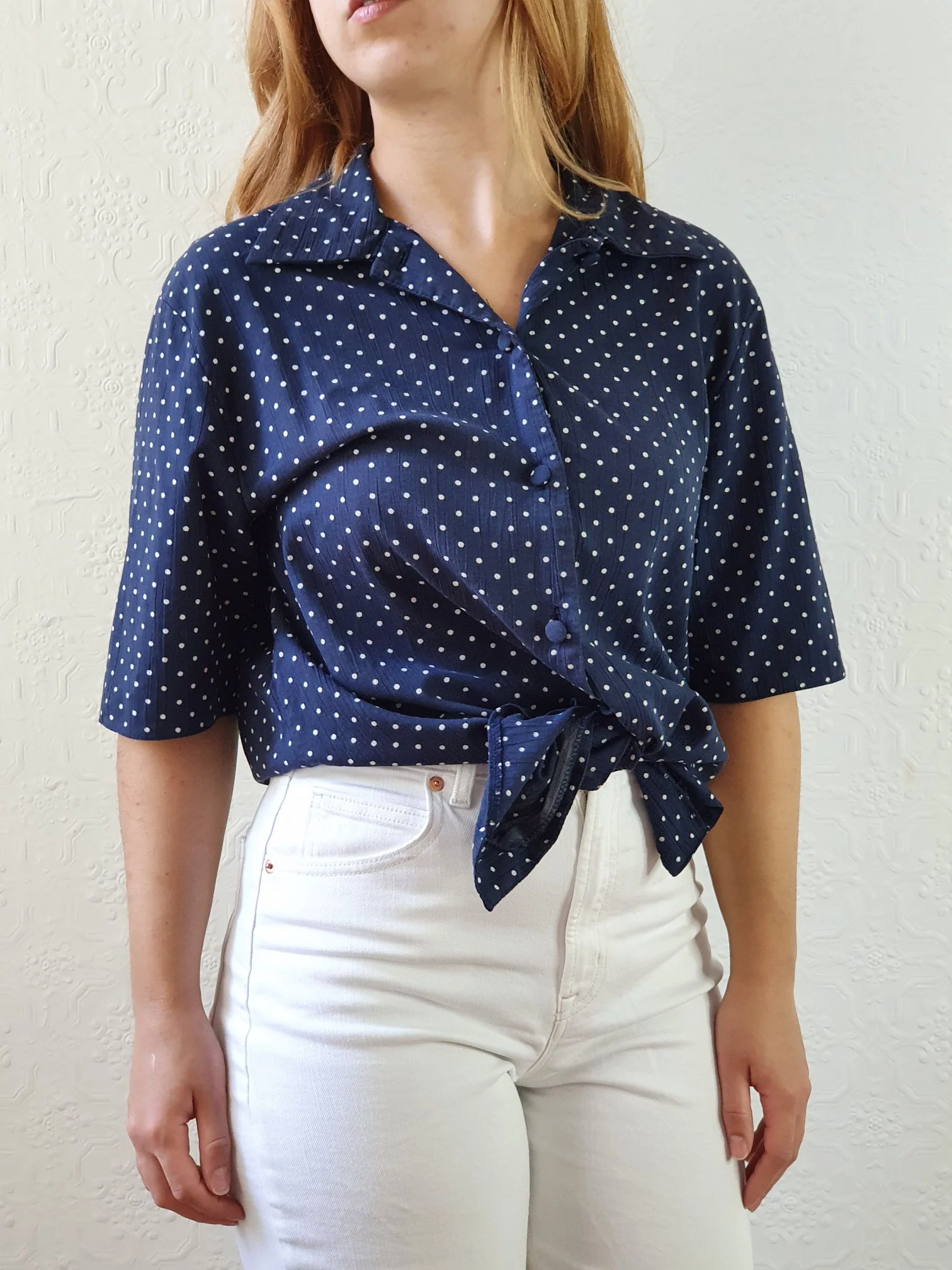Vintage 80s Navy Blue Polka Dot Blouse - M - Image 5