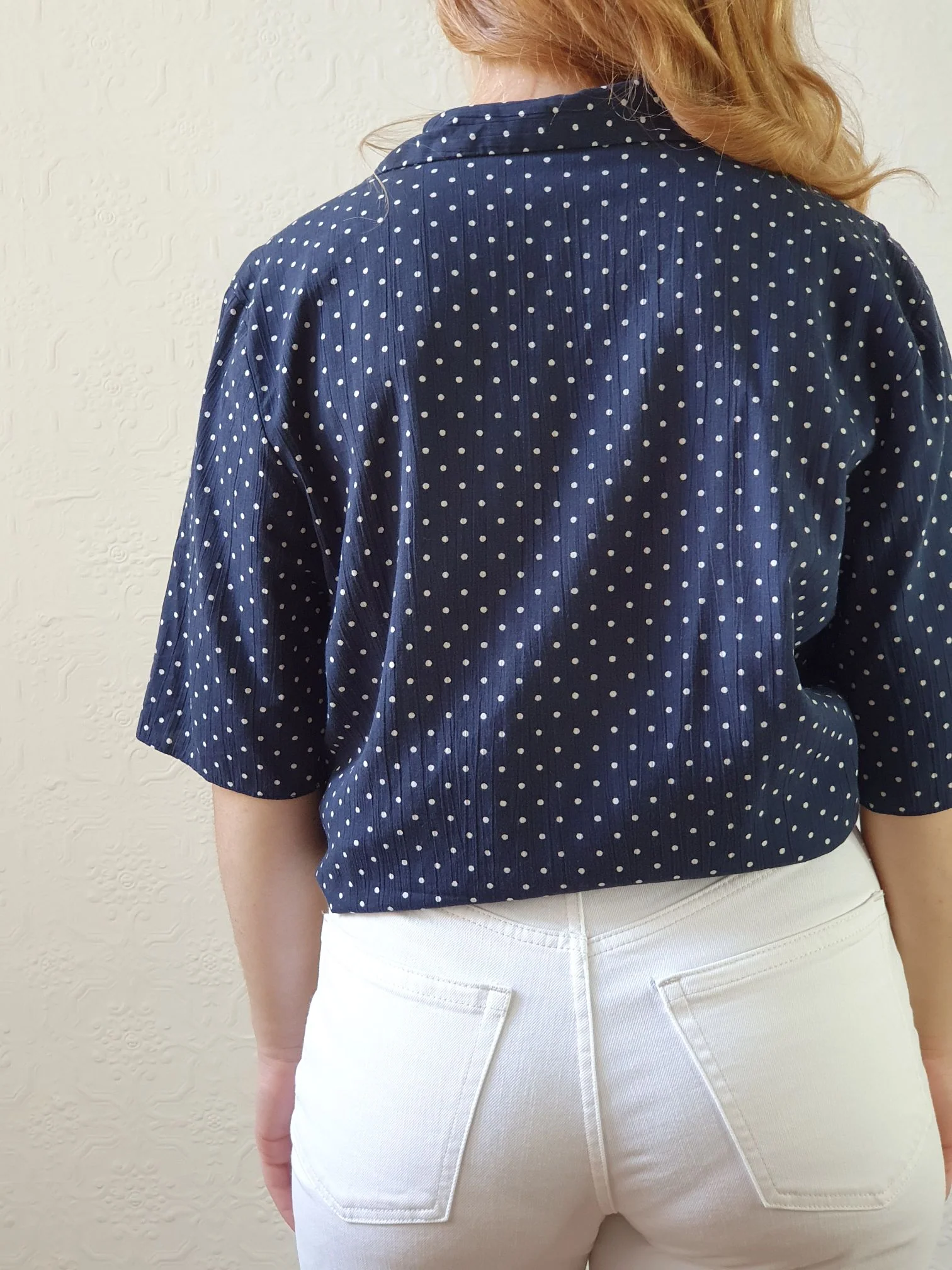 Vintage 80s Navy Blue Polka Dot Blouse - M - Image 6