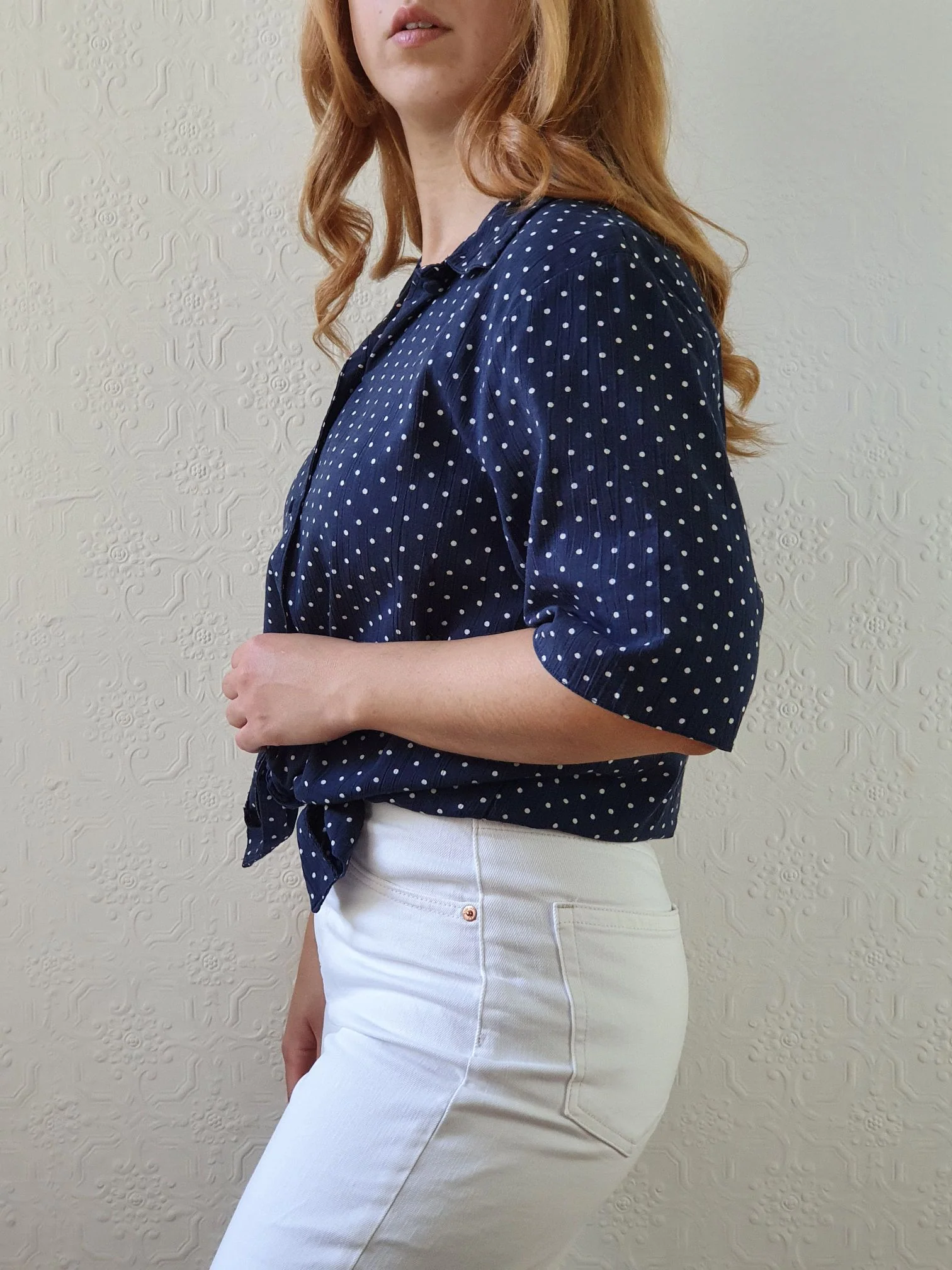 Vintage 80s Navy Blue Polka Dot Blouse - M - Image 7