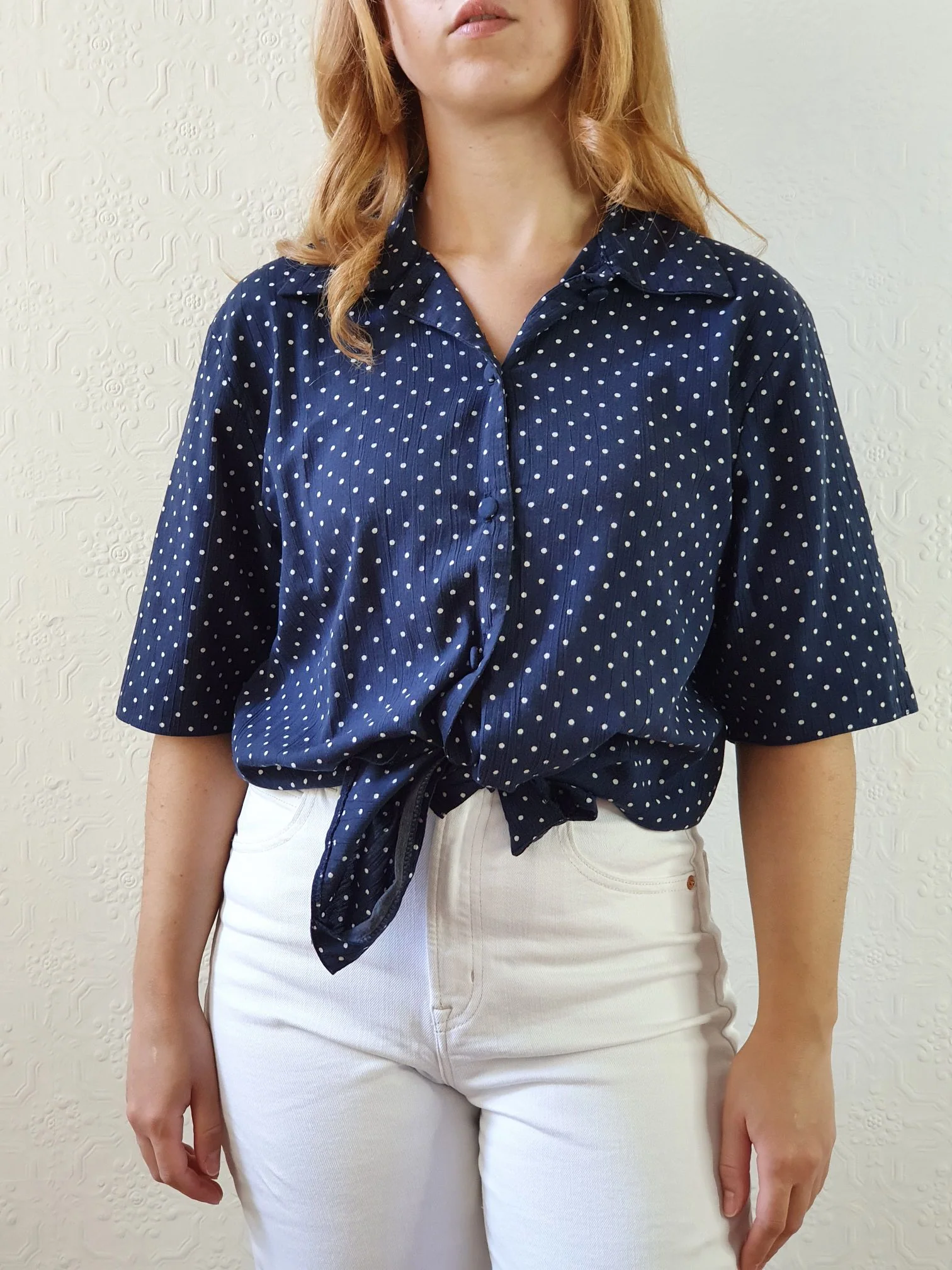 Vintage 80s Navy Blue Polka Dot Blouse - M - Image 8