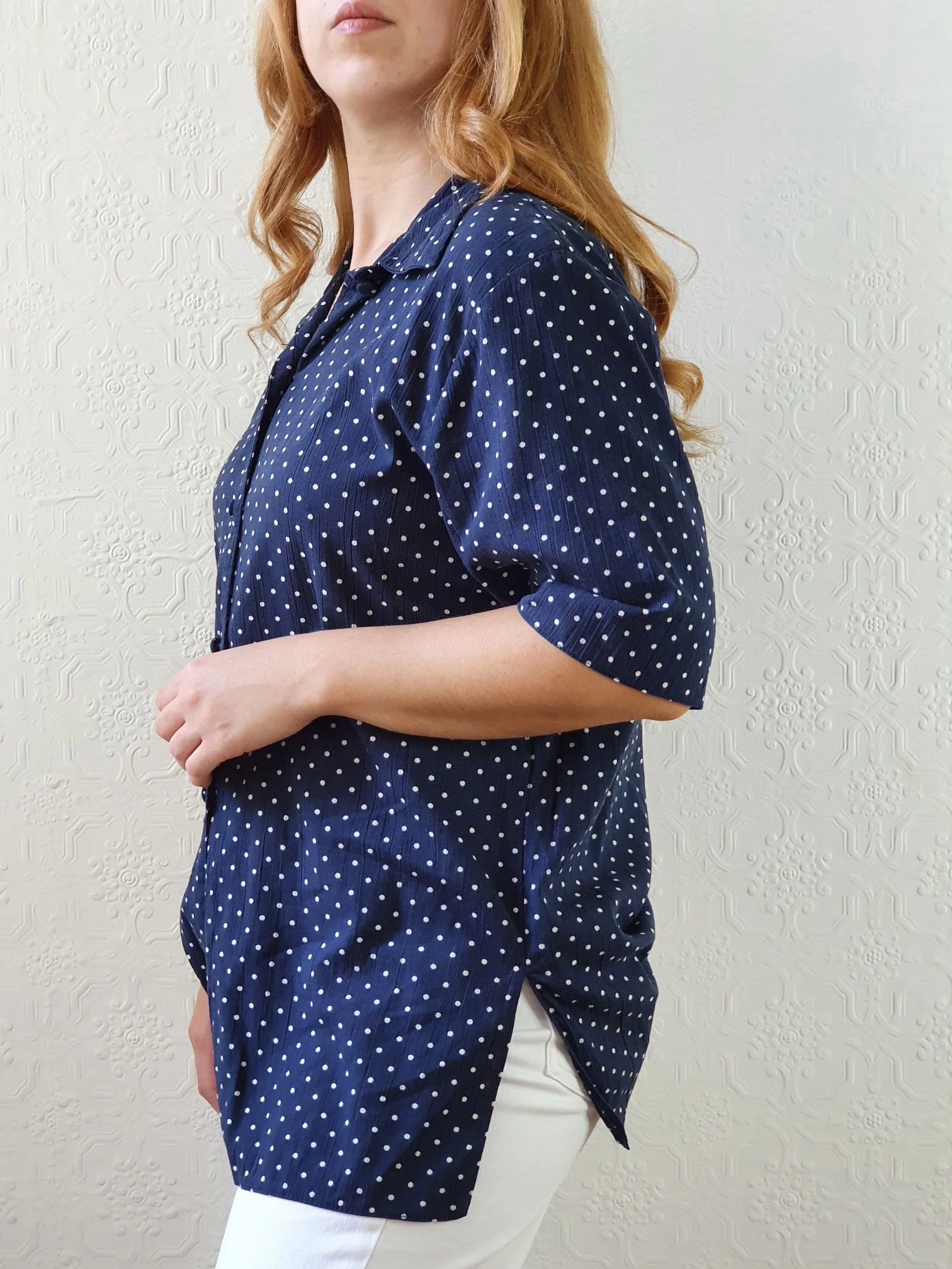 Vintage 80s Navy Blue Polka Dot Blouse - M - Image 9