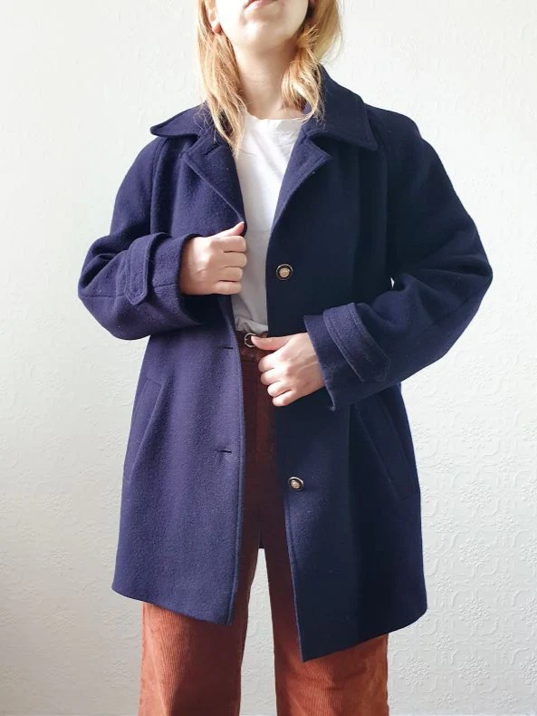 Vintage 80s Navy Blue Pure Wool Single Breasted David Barry Pea Coat - S/M