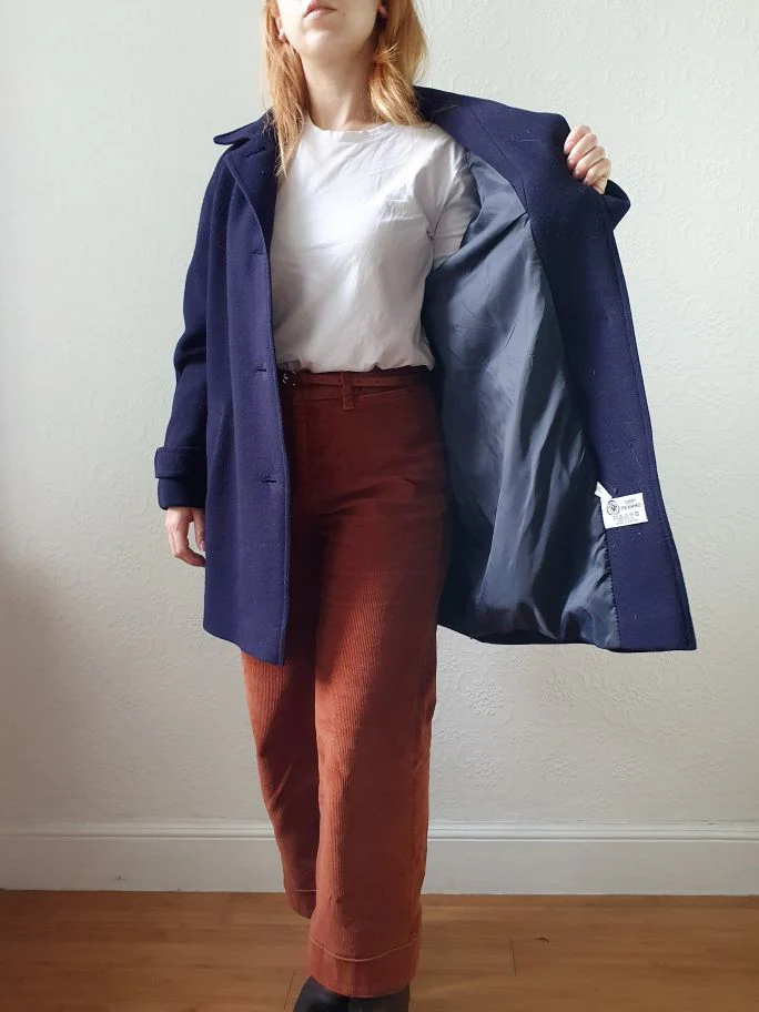 Vintage 80s Navy Blue Pure Wool Single Breasted David Barry Pea Coat - S/M - Image 10
