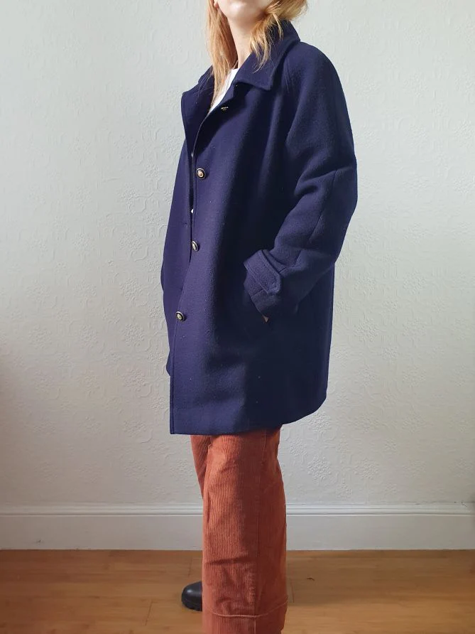 Vintage 80s Navy Blue Pure Wool Single Breasted David Barry Pea Coat - S/M - Image 12