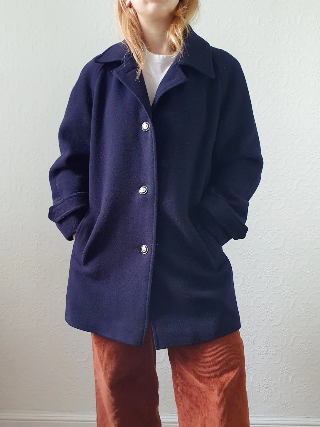 Vintage 80s Navy Blue Pure Wool Single Breasted David Barry Pea Coat - S/M - Image 2