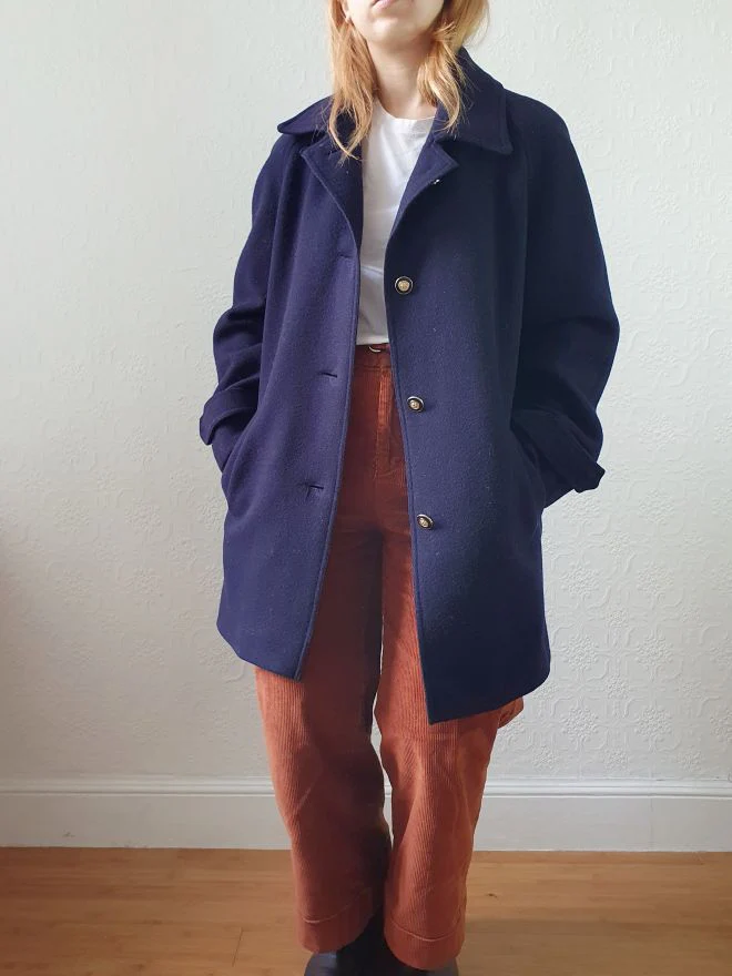 Vintage 80s Navy Blue Pure Wool Single Breasted David Barry Pea Coat - S/M - Image 3