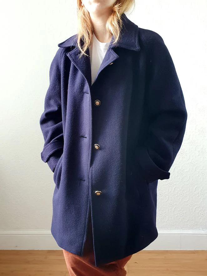 Vintage 80s Navy Blue Pure Wool Single Breasted David Barry Pea Coat - S/M - Image 4