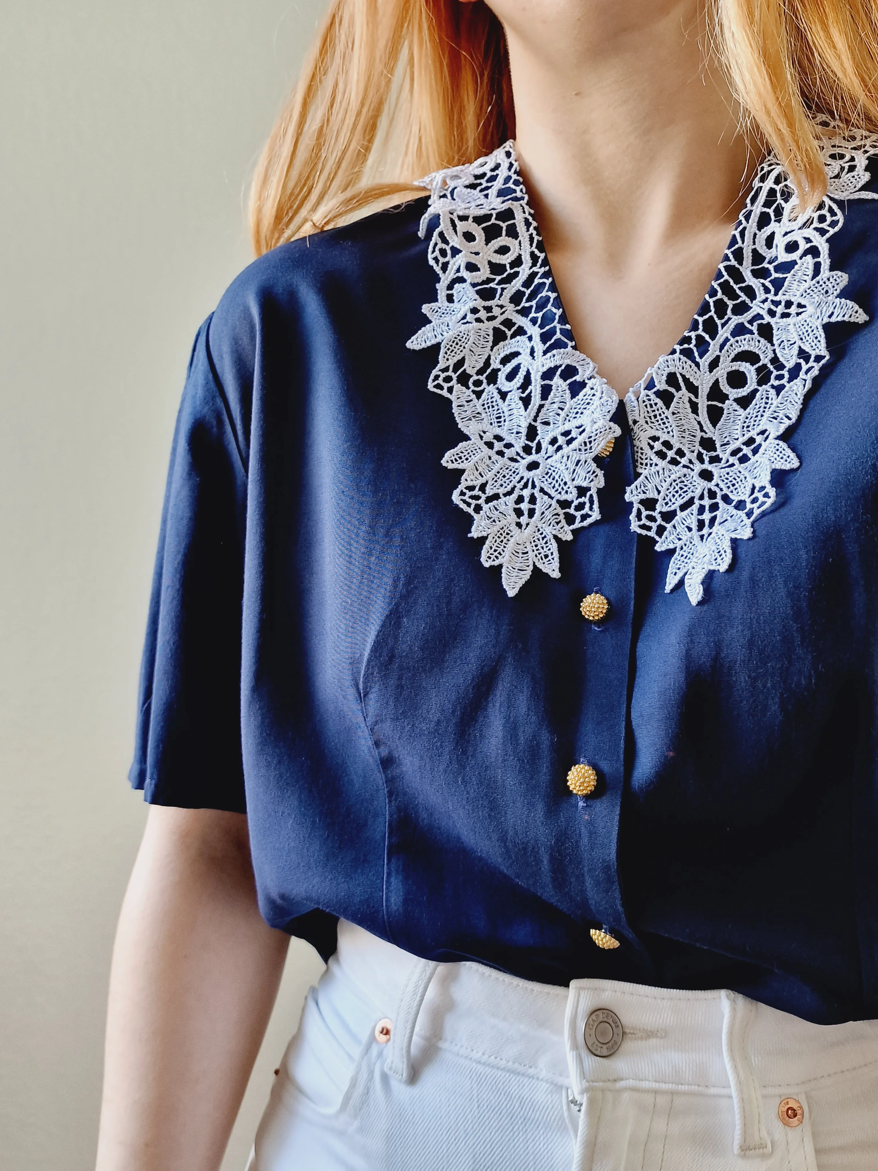 Vintage 80s Navy Blue Short Sleeve Blouse with Lace Collar - S/M - Image 2