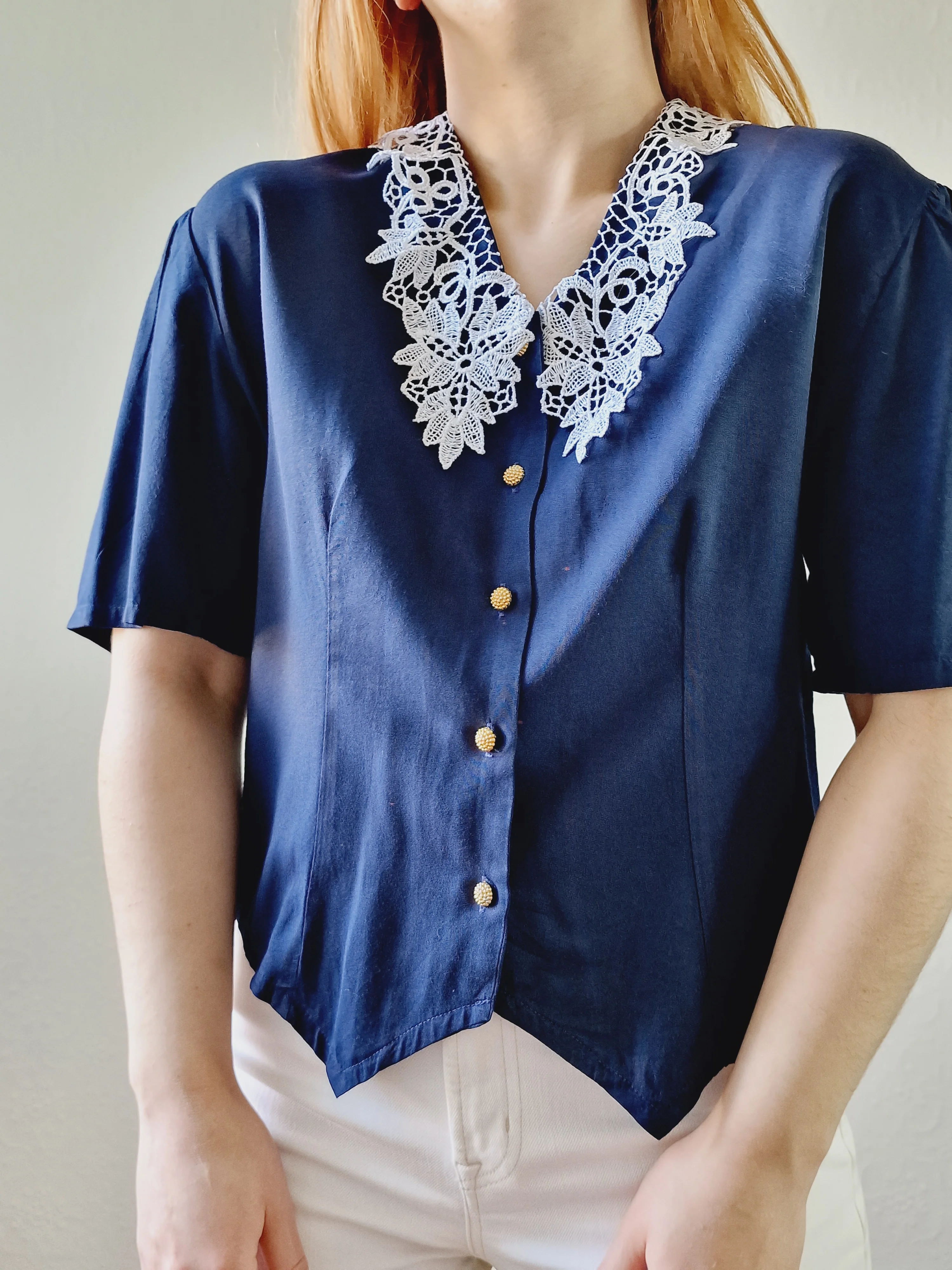 Vintage 80s Navy Blue Short Sleeve Blouse with Lace Collar - S/M - Image 4
