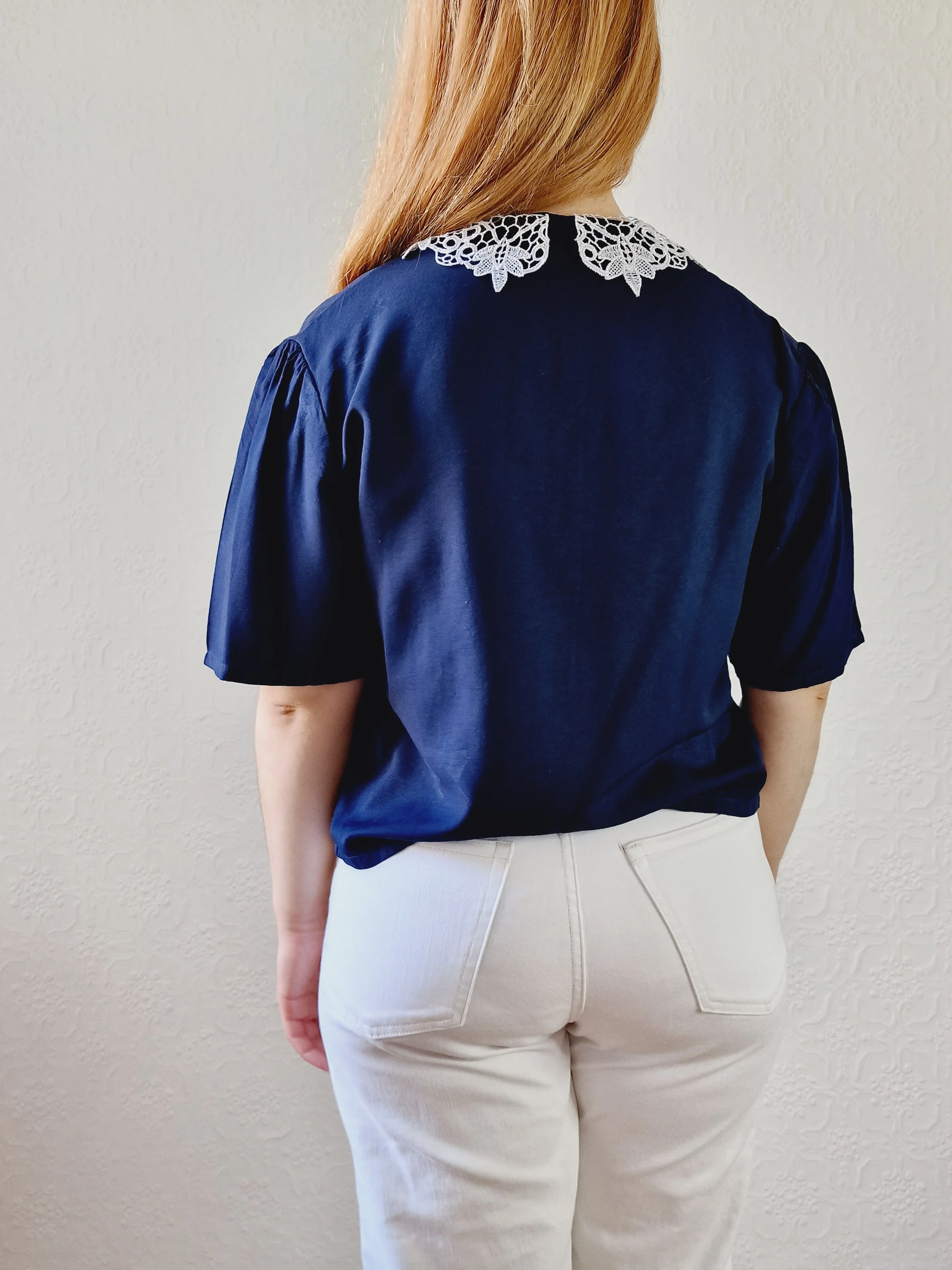 Vintage 80s Navy Blue Short Sleeve Blouse with Lace Collar - S/M - Image 5
