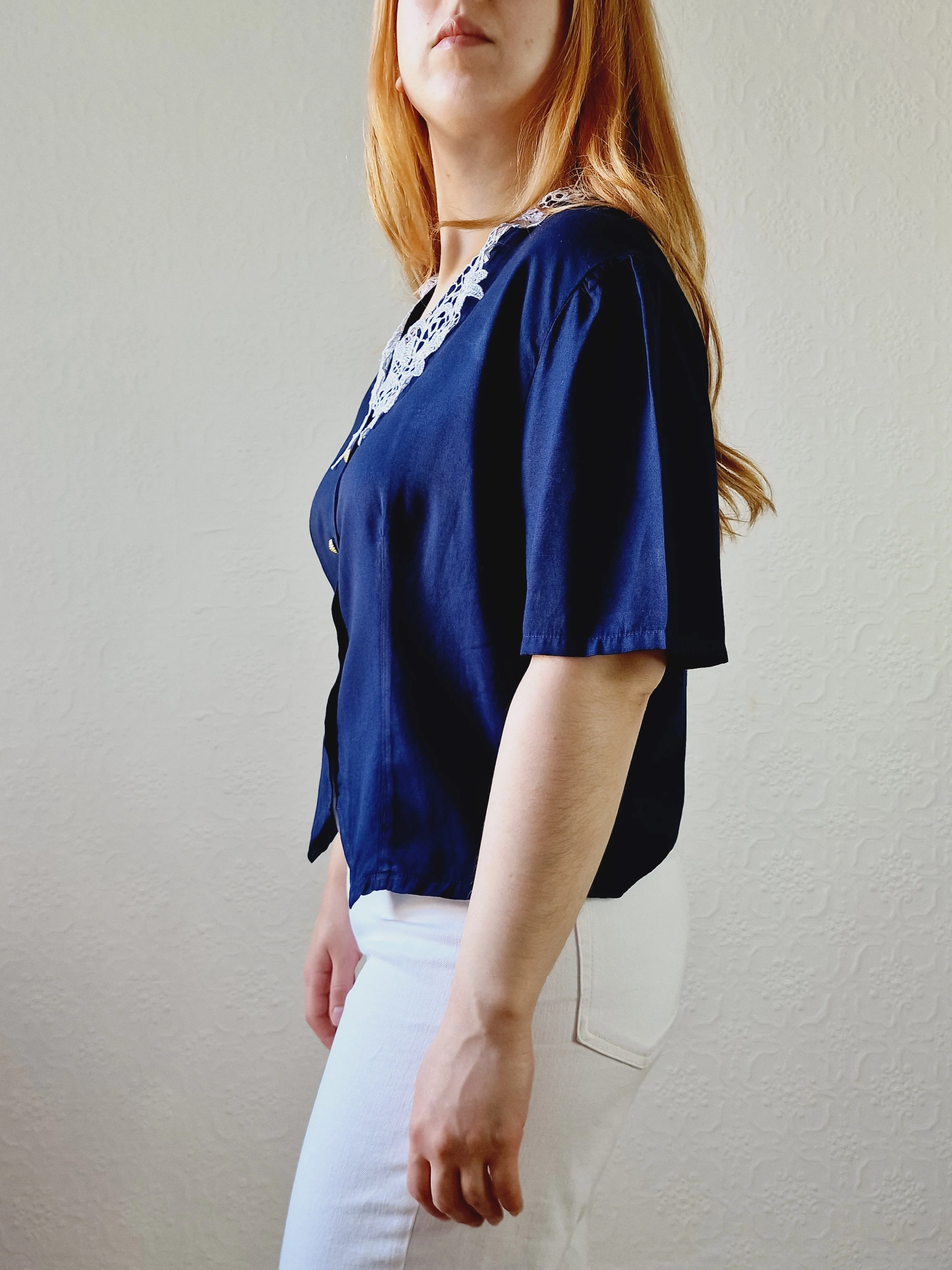 Vintage 80s Navy Blue Short Sleeve Blouse with Lace Collar - S/M - Image 6
