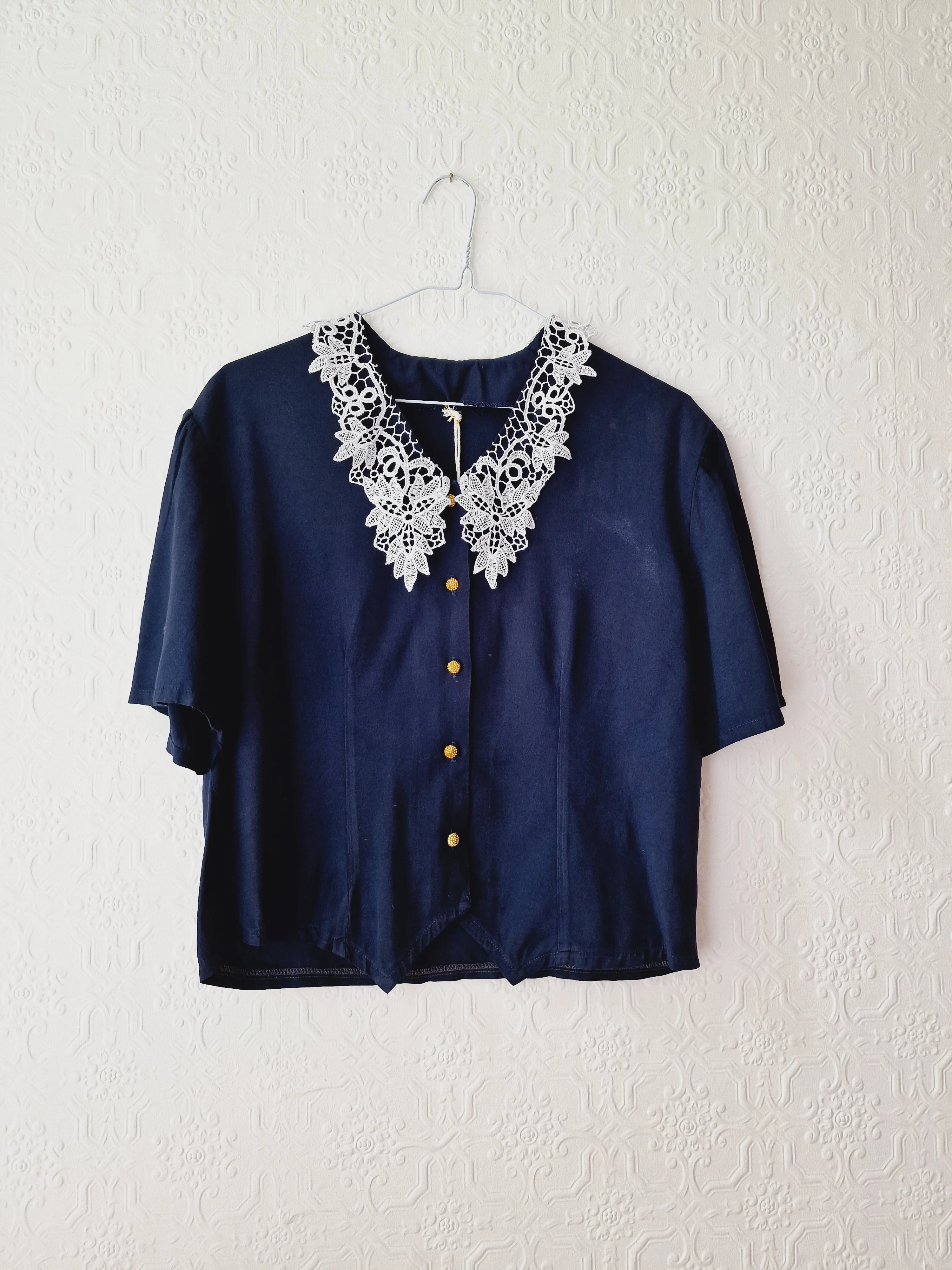 Vintage 80s Navy Blue Short Sleeve Blouse with Lace Collar - S/M - Image 7
