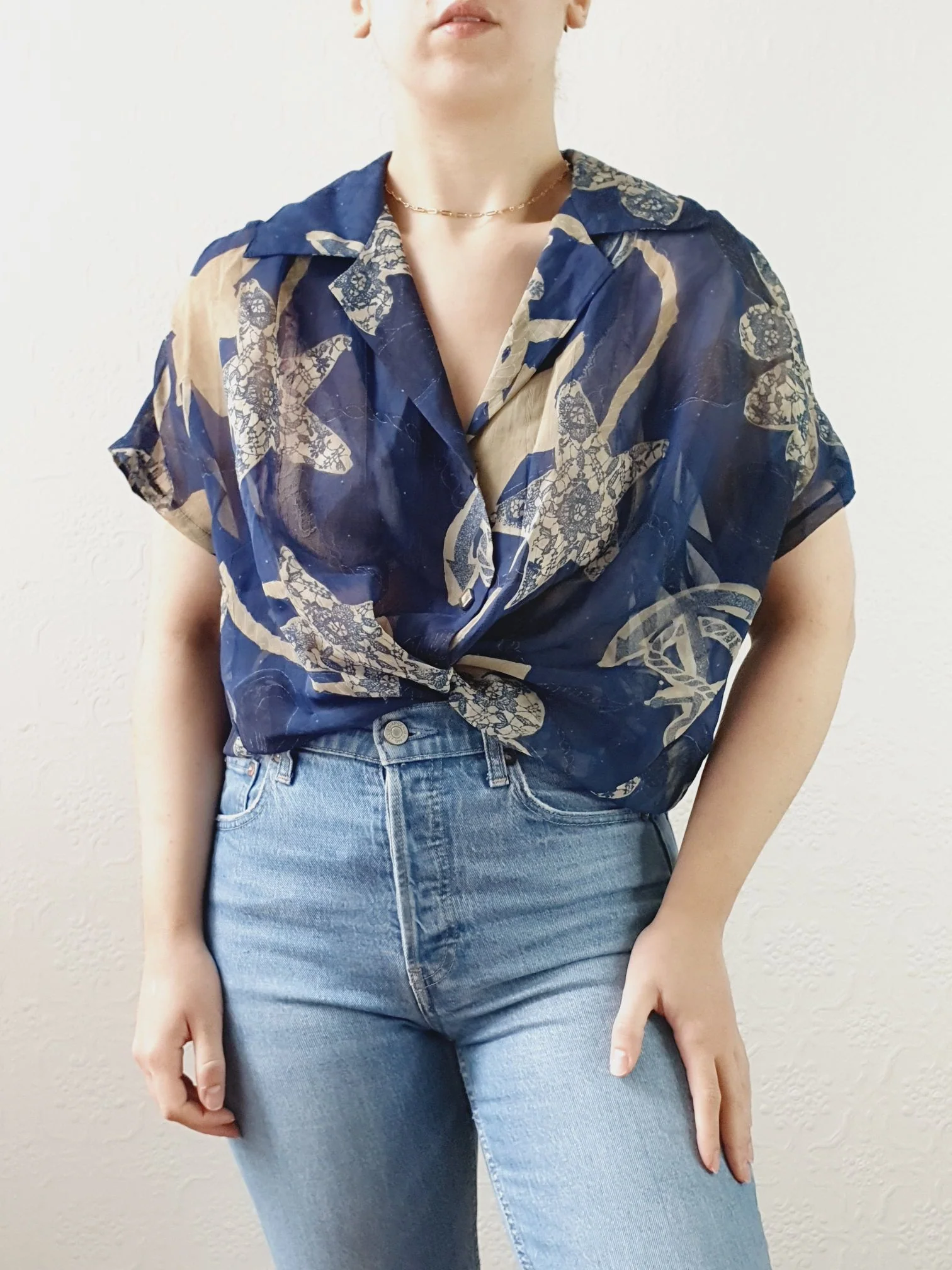Vintage 80s Navy Pattern Sheer Blouse - XL