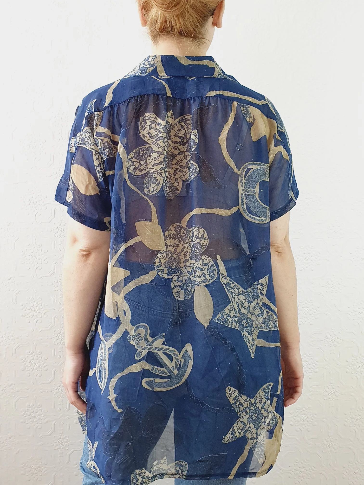 Vintage 80s Navy Pattern Sheer Blouse - XL - Image 10