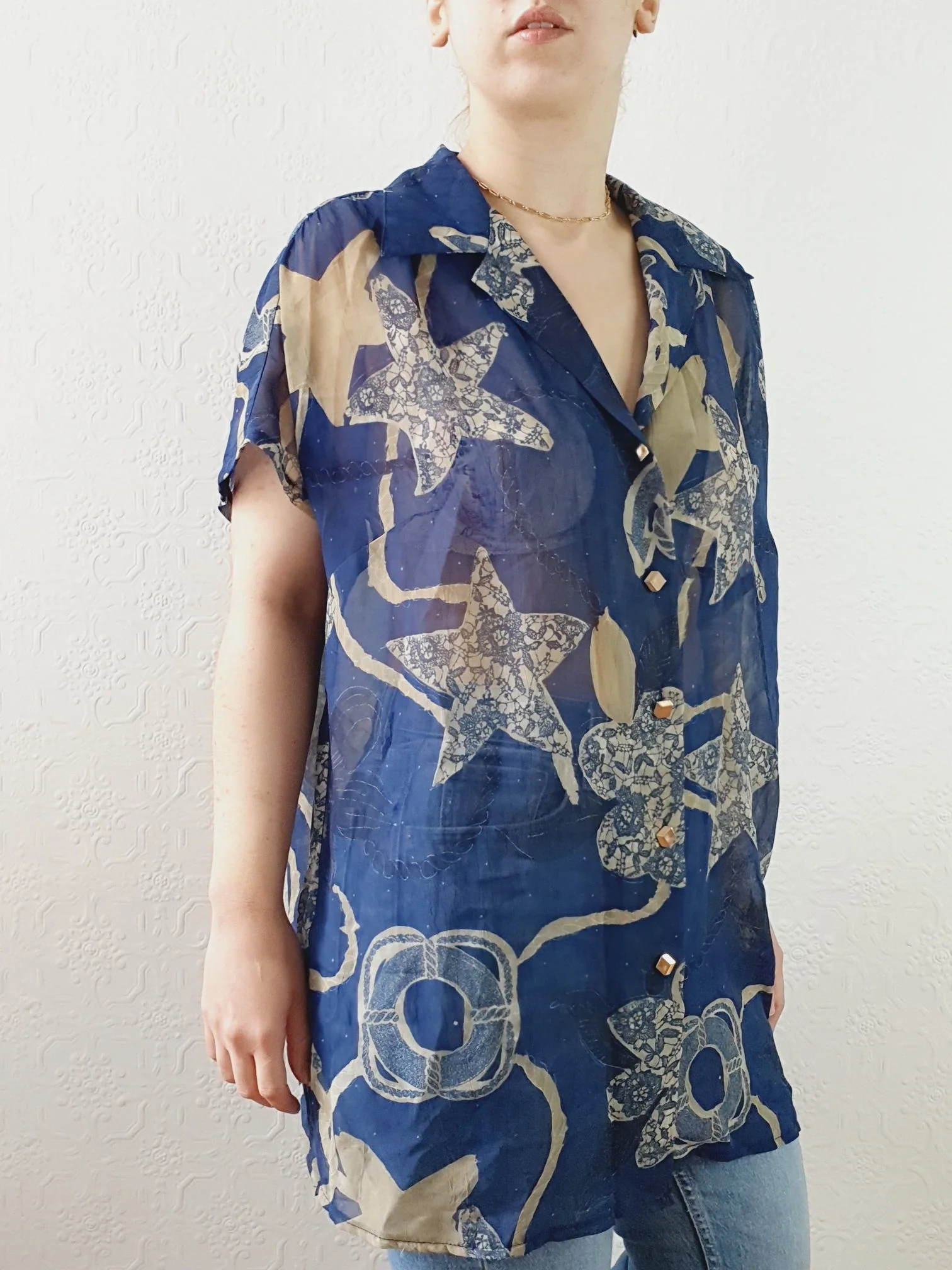Vintage 80s Navy Pattern Sheer Blouse - XL - Image 11
