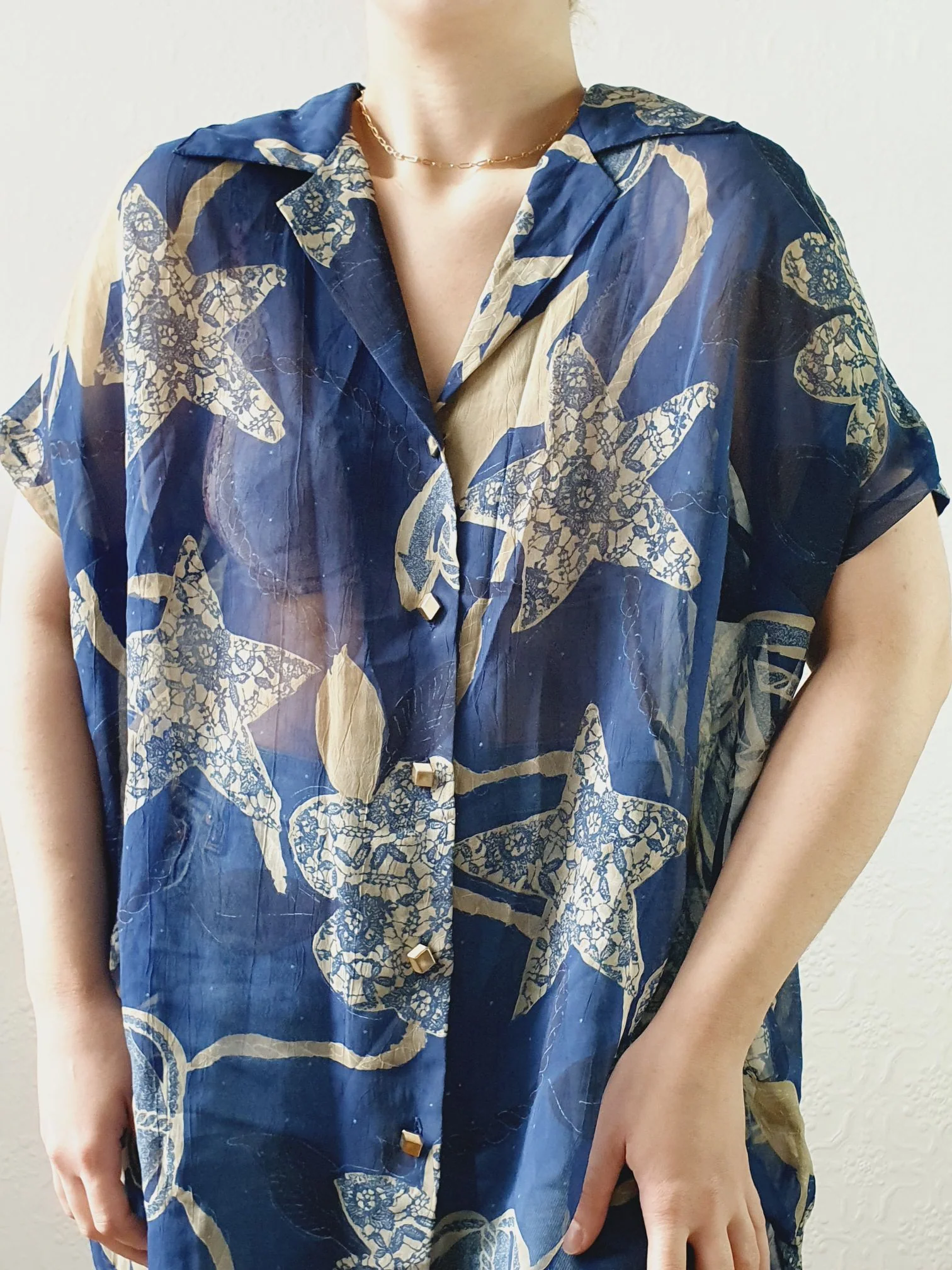 Vintage 80s Navy Pattern Sheer Blouse - XL - Image 12