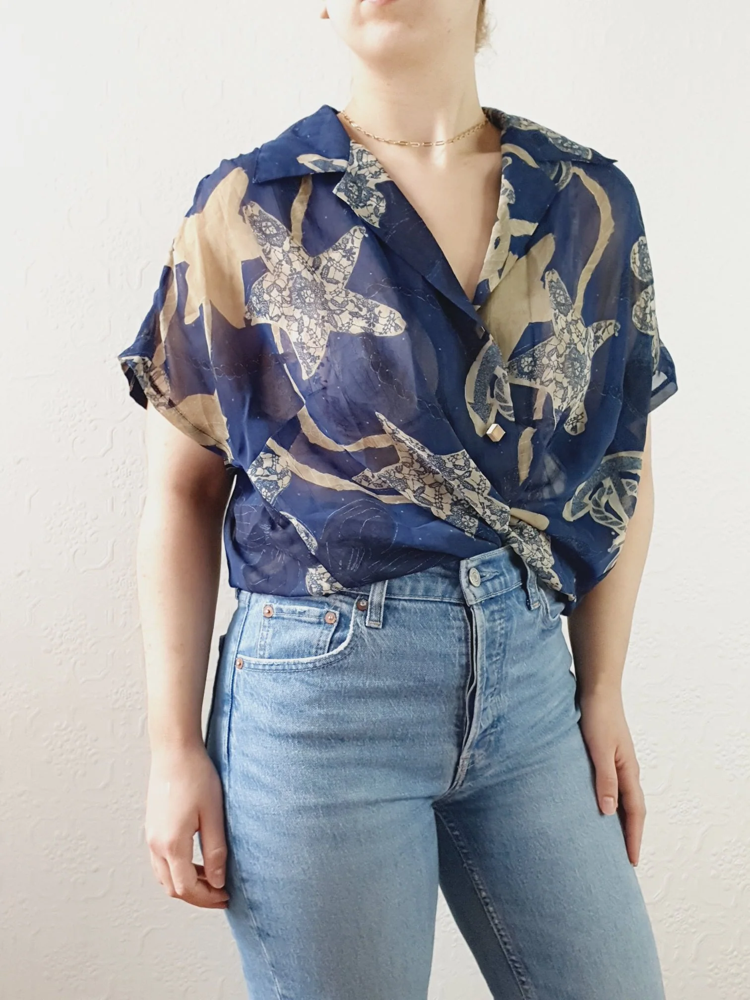 Vintage 80s Navy Pattern Sheer Blouse - XL - Image 2