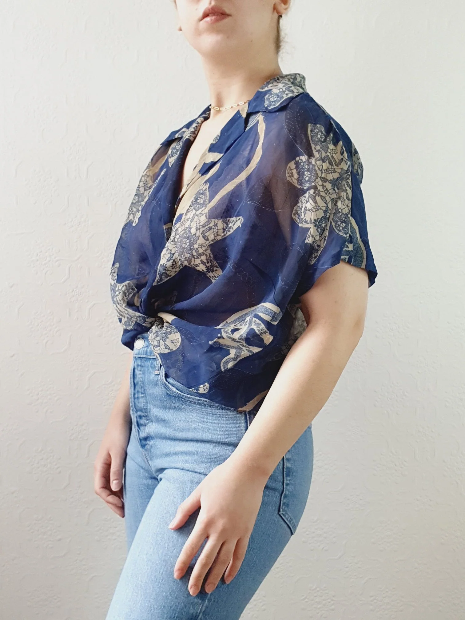 Vintage 80s Navy Pattern Sheer Blouse - XL - Image 3