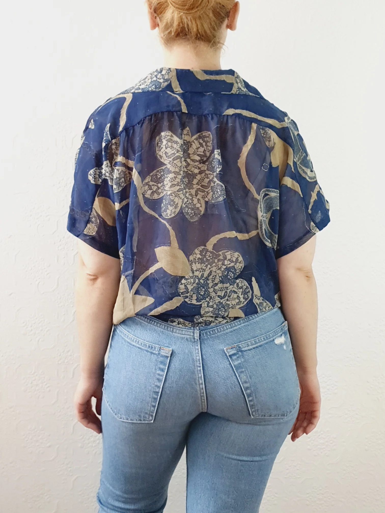 Vintage 80s Navy Pattern Sheer Blouse - XL - Image 4