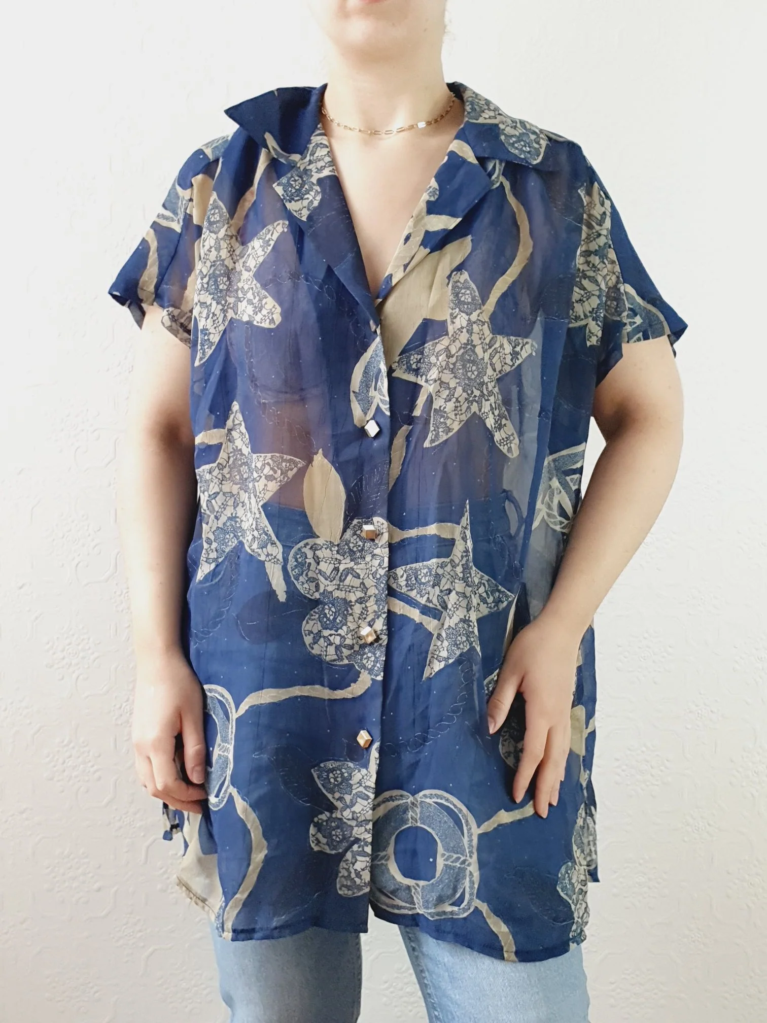 Vintage 80s Navy Pattern Sheer Blouse - XL - Image 5