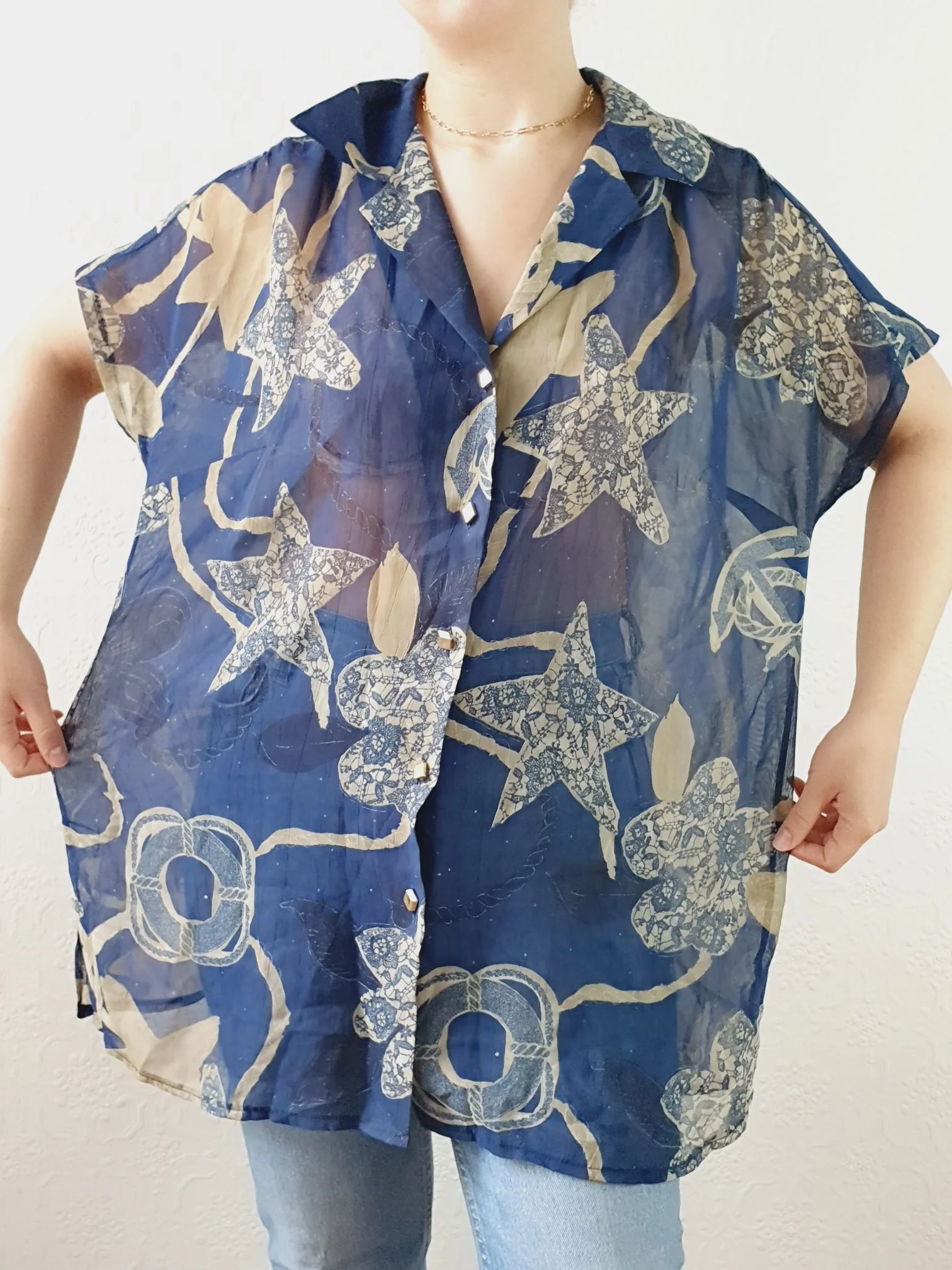 Vintage 80s Navy Pattern Sheer Blouse - XL - Image 6