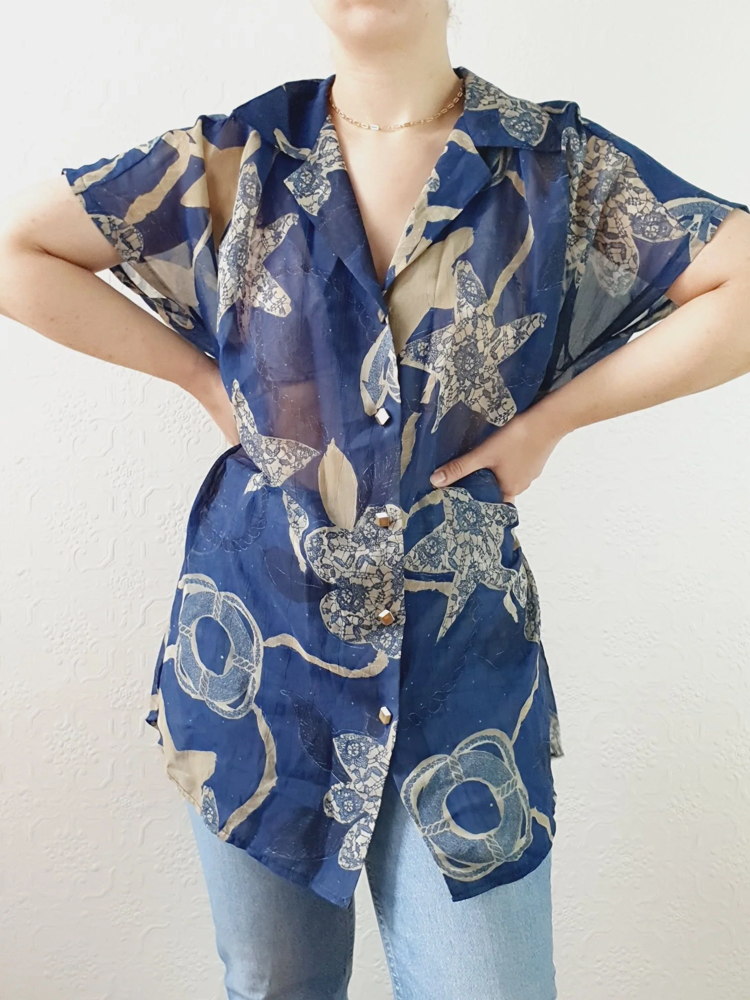 Vintage 80s Navy Pattern Sheer Blouse - XL - Image 7