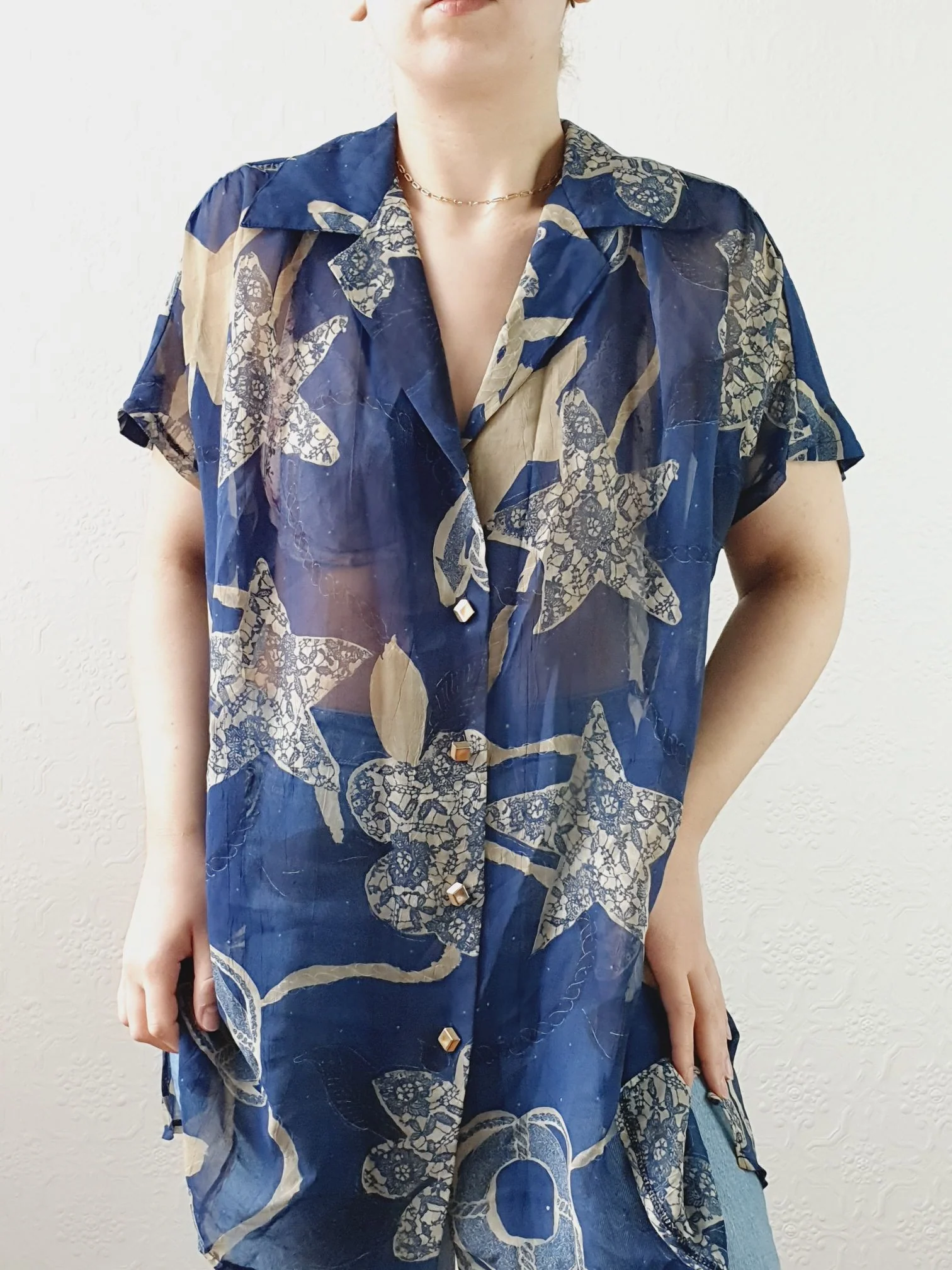 Vintage 80s Navy Pattern Sheer Blouse - XL - Image 8