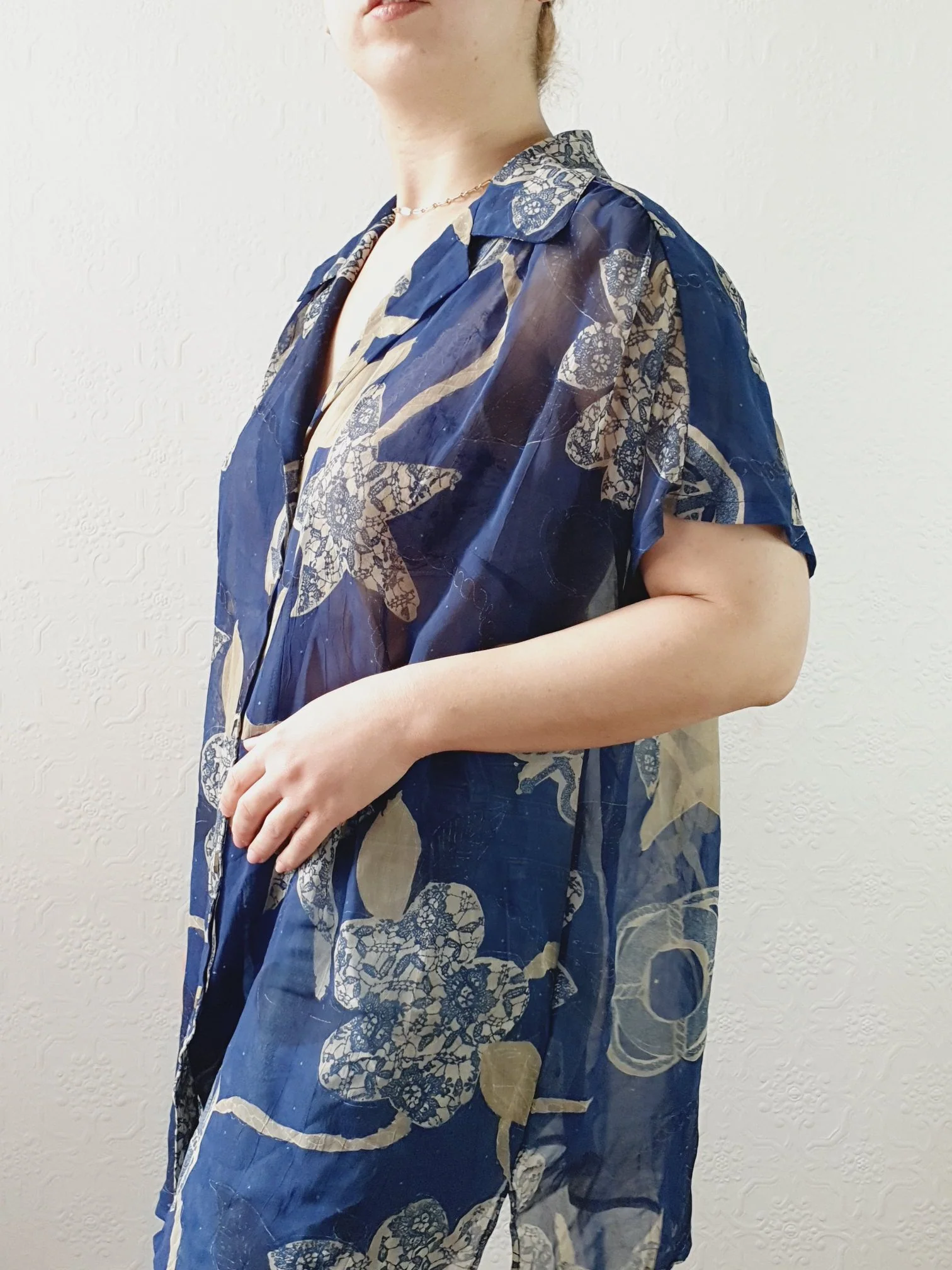 Vintage 80s Navy Pattern Sheer Blouse - XL - Image 9