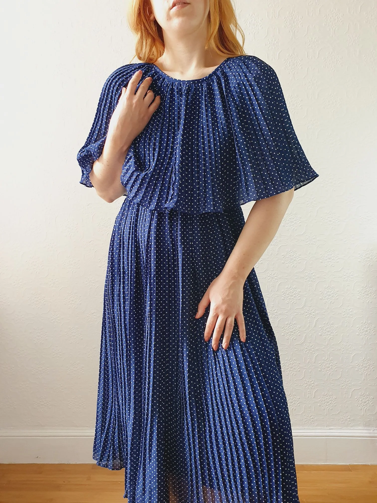 Vintage 80s Navy Polka Dot Pleated Midi Dress with Cape Detail - S