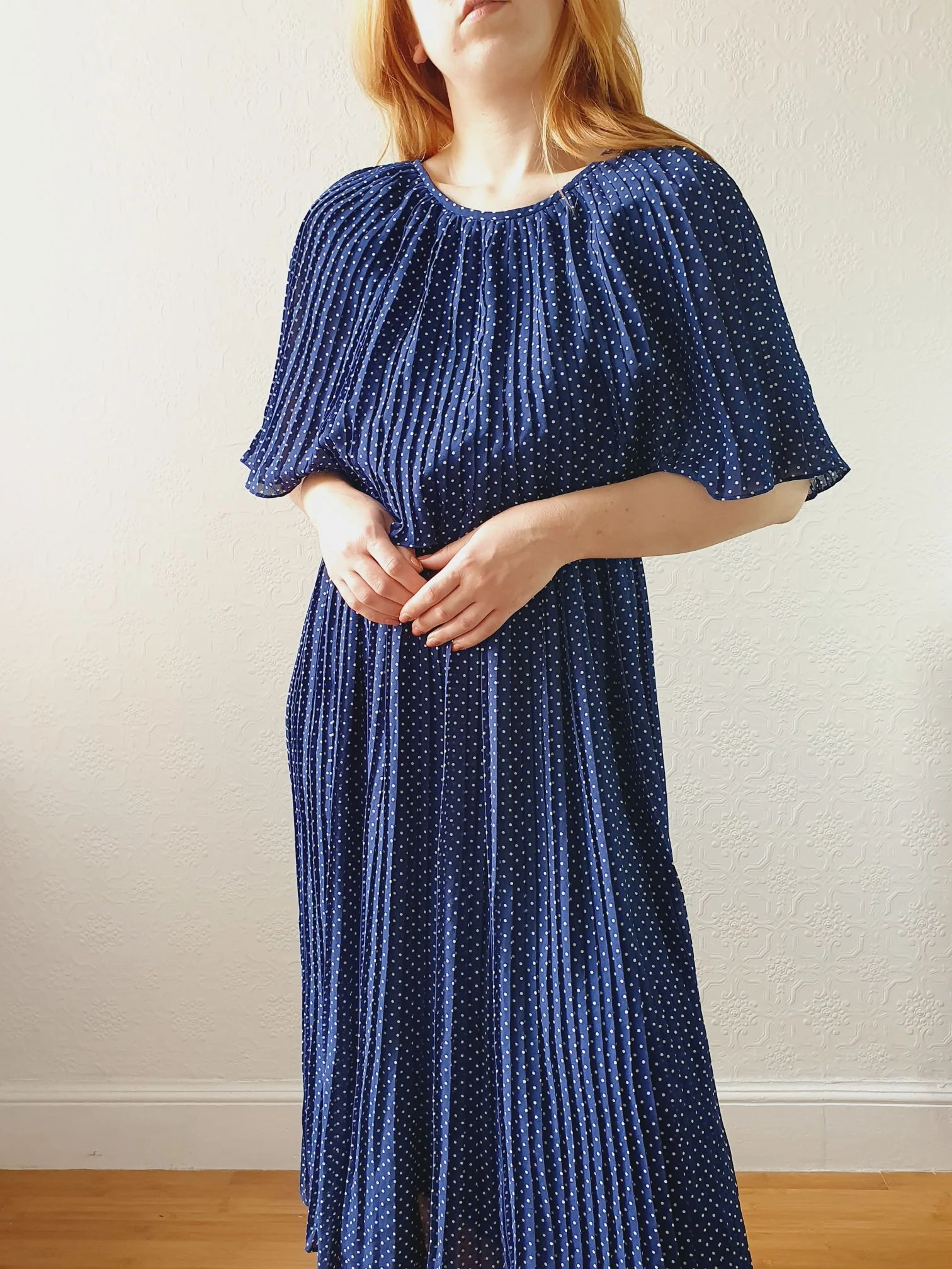 Vintage 80s Navy Polka Dot Pleated Midi Dress with Cape Detail - S - Image 10