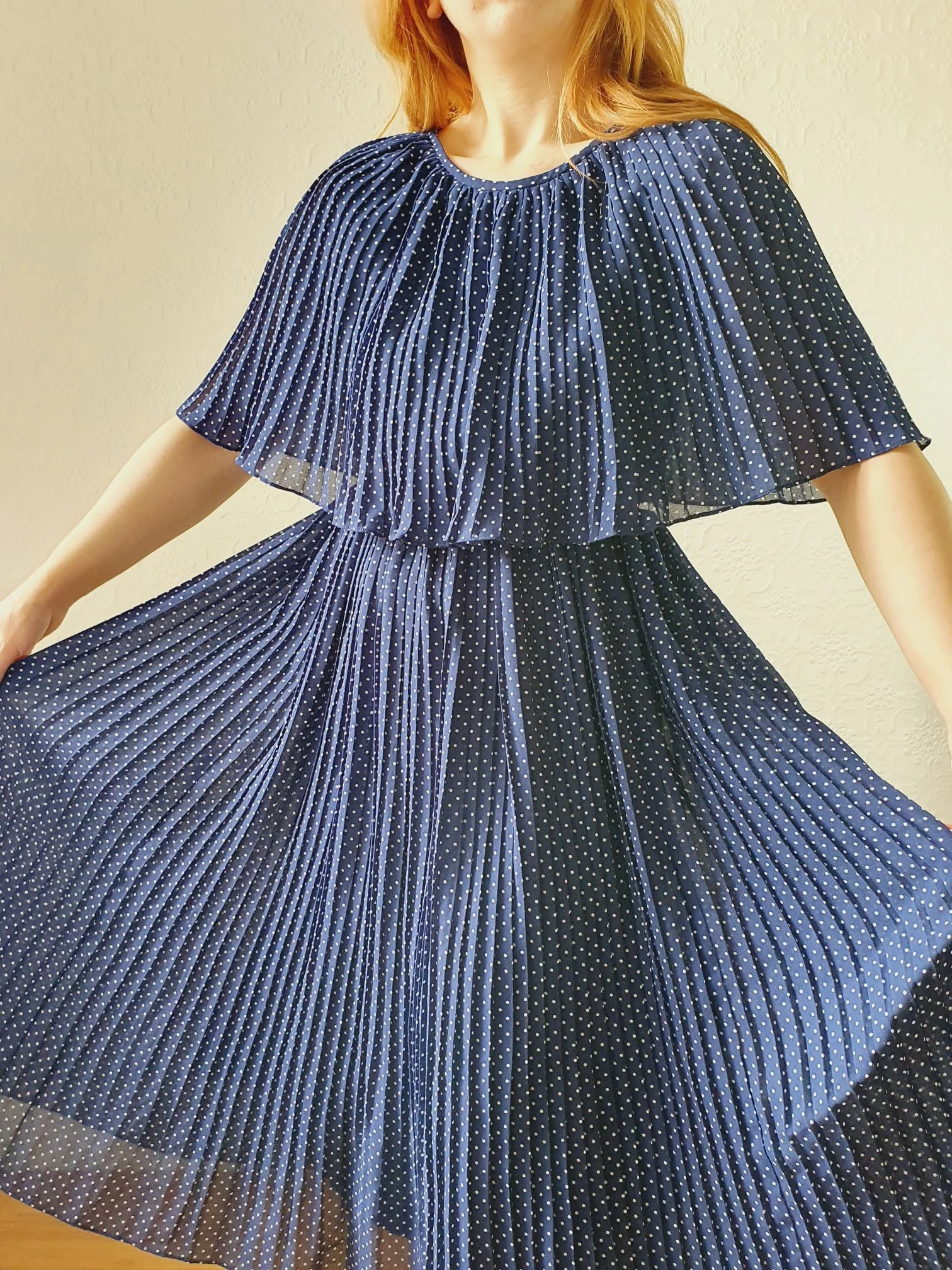 Vintage 80s Navy Polka Dot Pleated Midi Dress with Cape Detail - S - Image 11