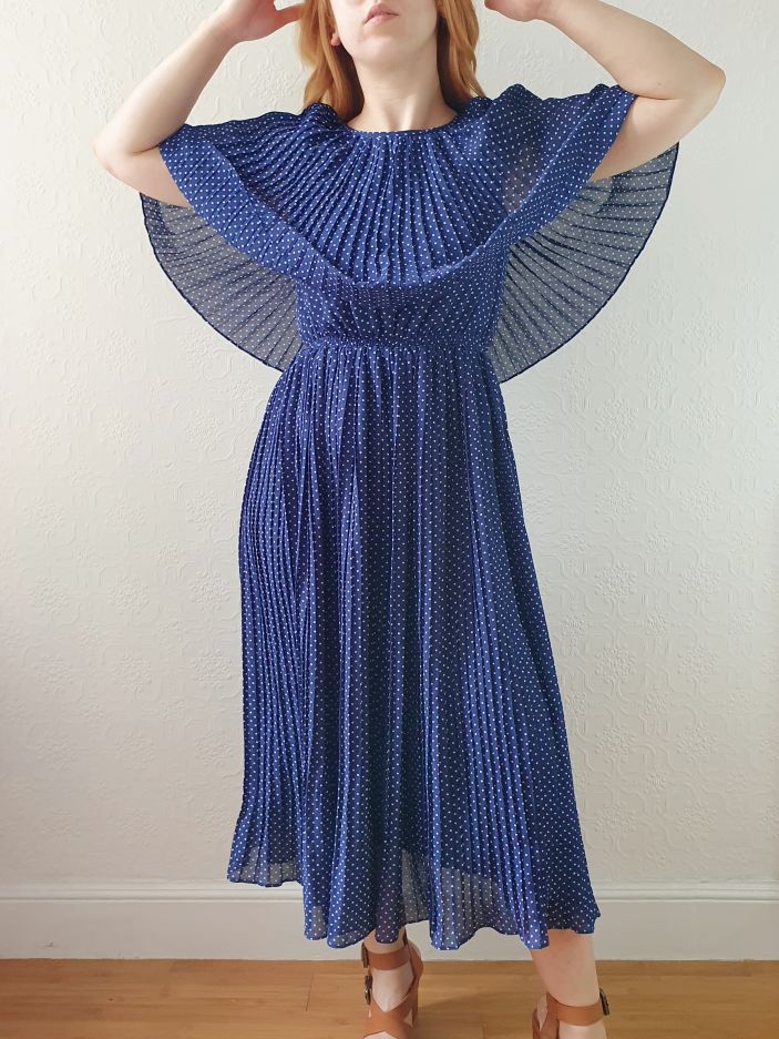 Vintage 80s Navy Polka Dot Pleated Midi Dress with Cape Detail - S - Image 2