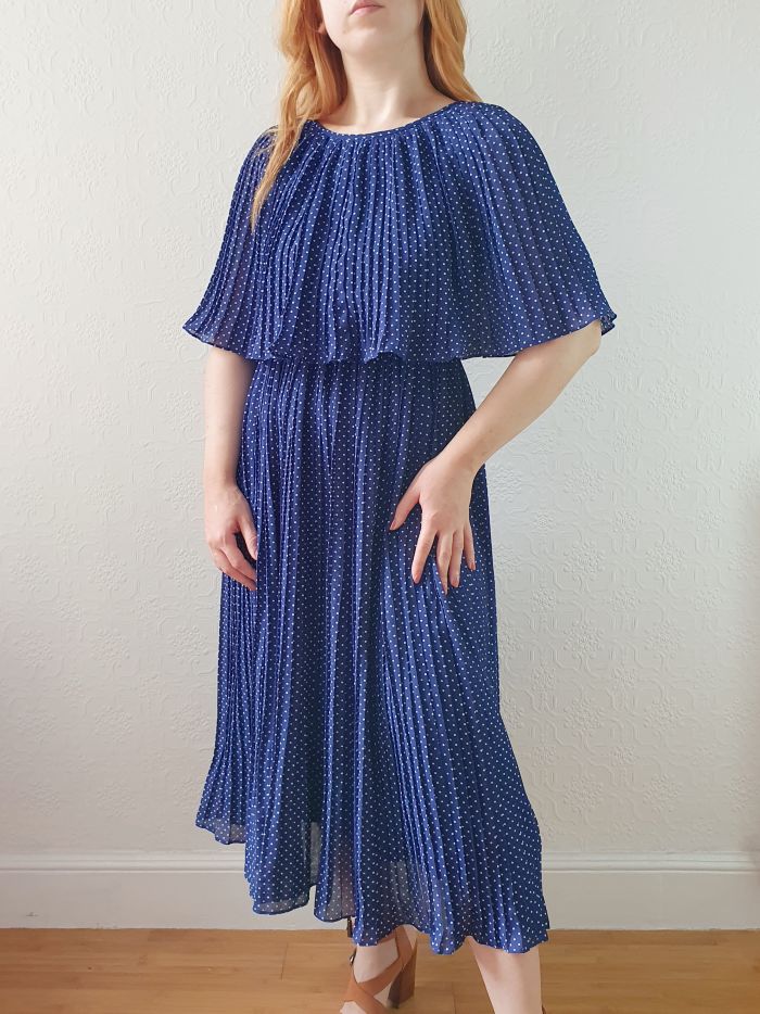 Vintage 80s Navy Polka Dot Pleated Midi Dress with Cape Detail - S - Image 3