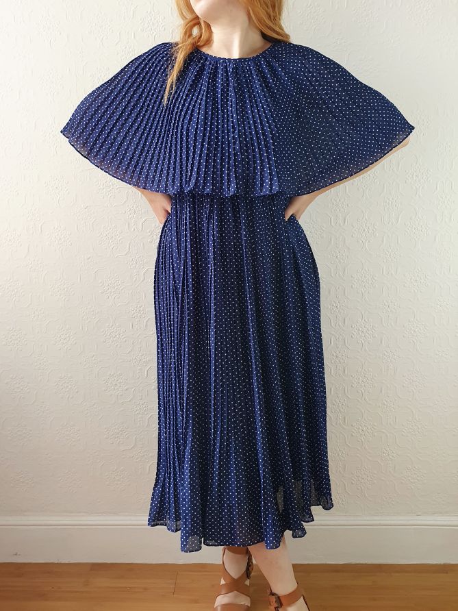 Vintage 80s Navy Polka Dot Pleated Midi Dress with Cape Detail - S - Image 4