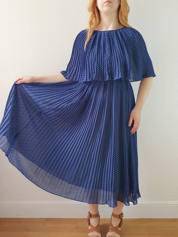 Vintage 80s Navy Polka Dot Pleated Midi Dress with Cape Detail - S - Image 5
