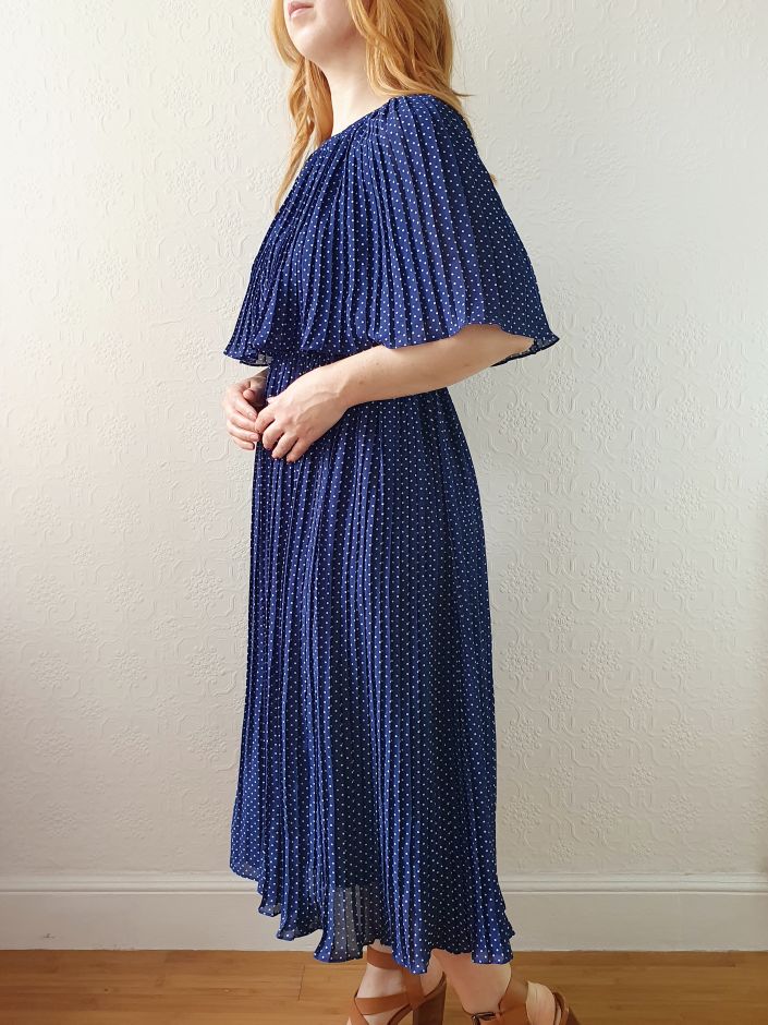 Vintage 80s Navy Polka Dot Pleated Midi Dress with Cape Detail - S - Image 6