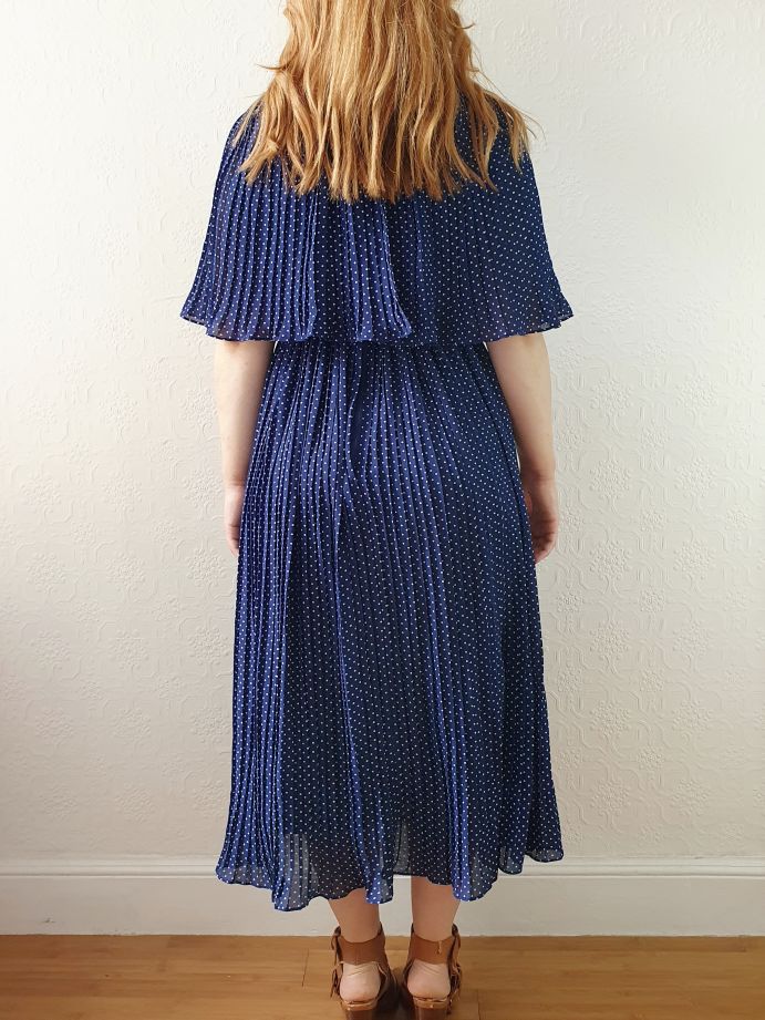 Vintage 80s Navy Polka Dot Pleated Midi Dress with Cape Detail - S - Image 7