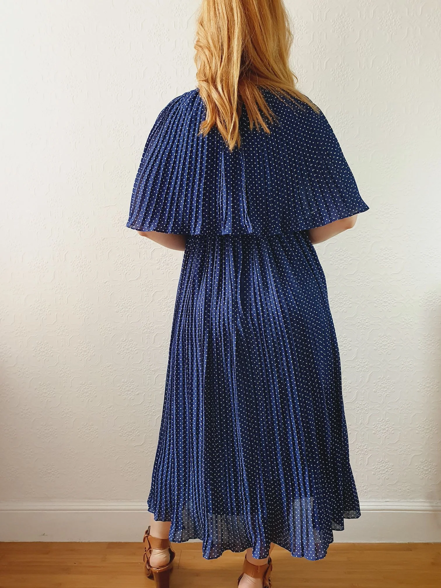 Vintage 80s Navy Polka Dot Pleated Midi Dress with Cape Detail - S - Image 8