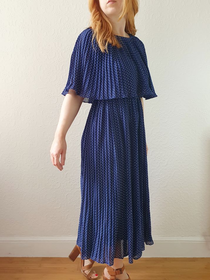 Vintage 80s Navy Polka Dot Pleated Midi Dress with Cape Detail - S - Image 9