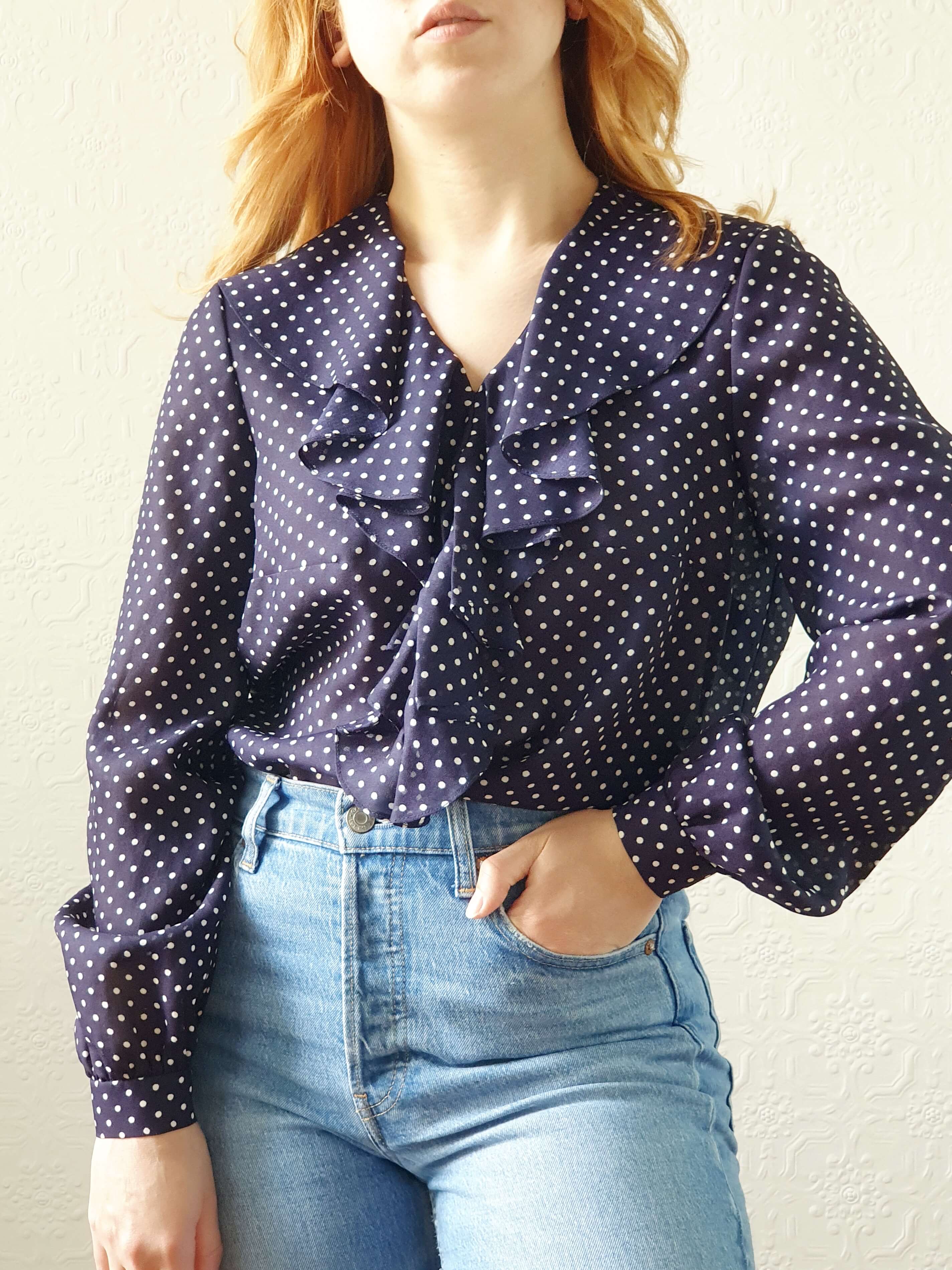 Vintage 80s Navy Polka Dot Ruffle Blouse - S/M