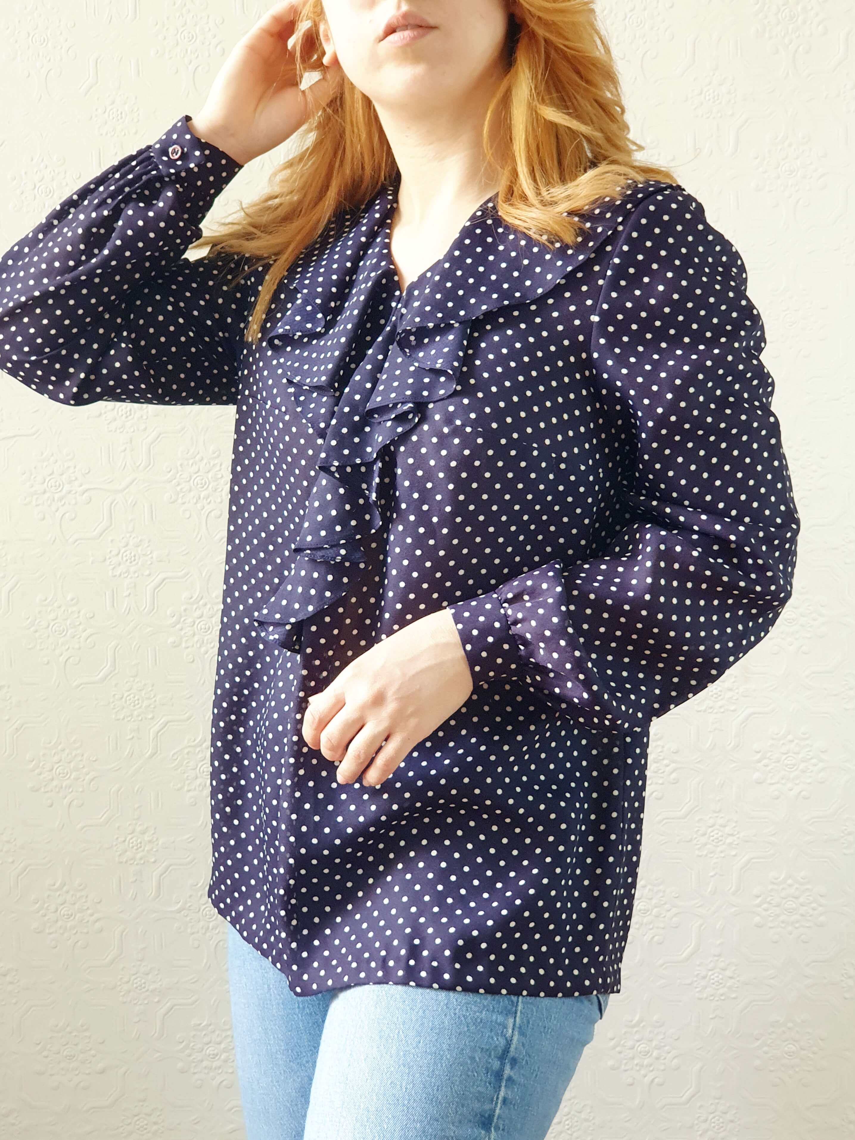 Vintage 80s Navy Polka Dot Ruffle Blouse - S/M - Image 10