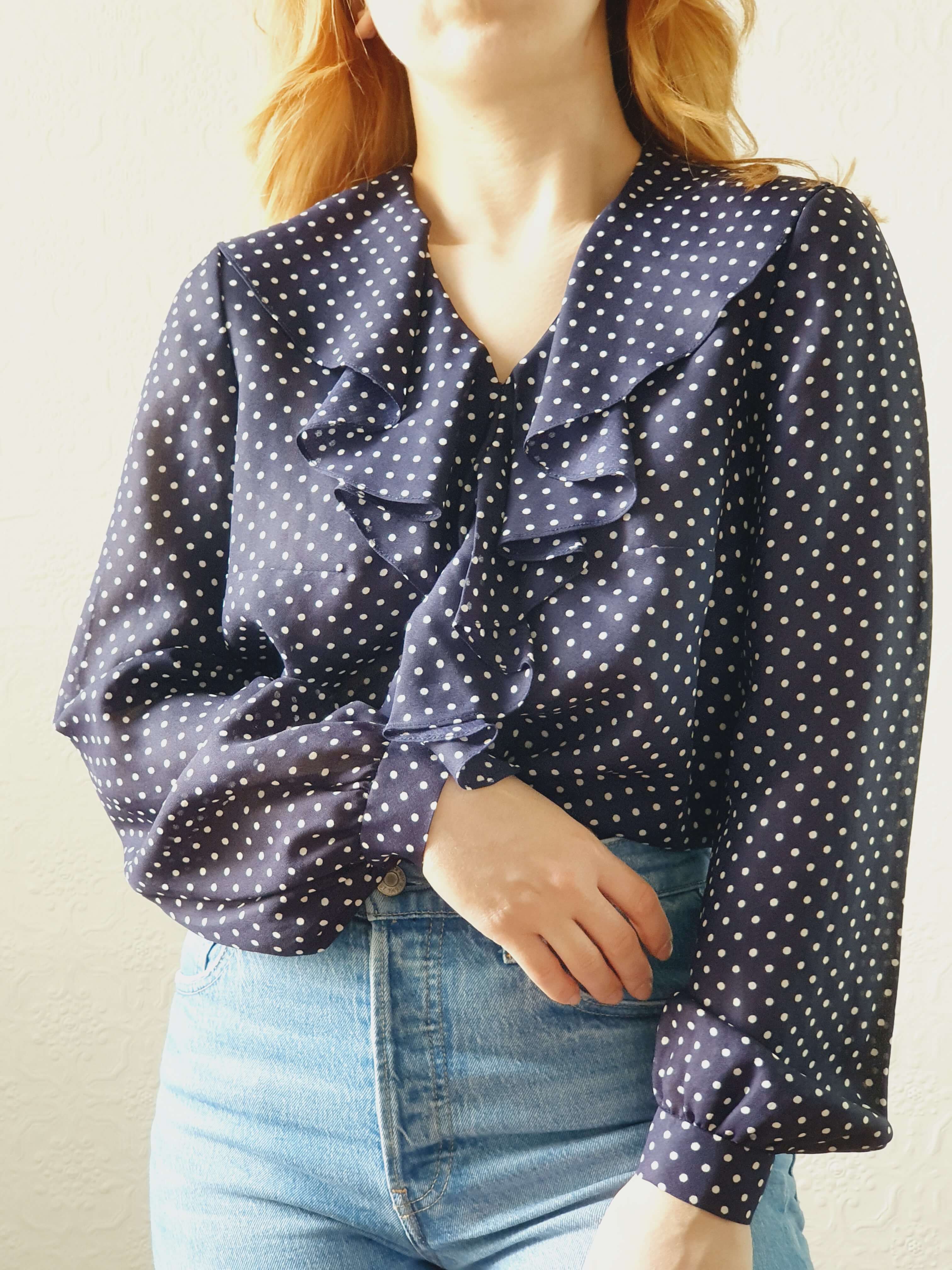 Vintage 80s Navy Polka Dot Ruffle Blouse - S/M - Image 11