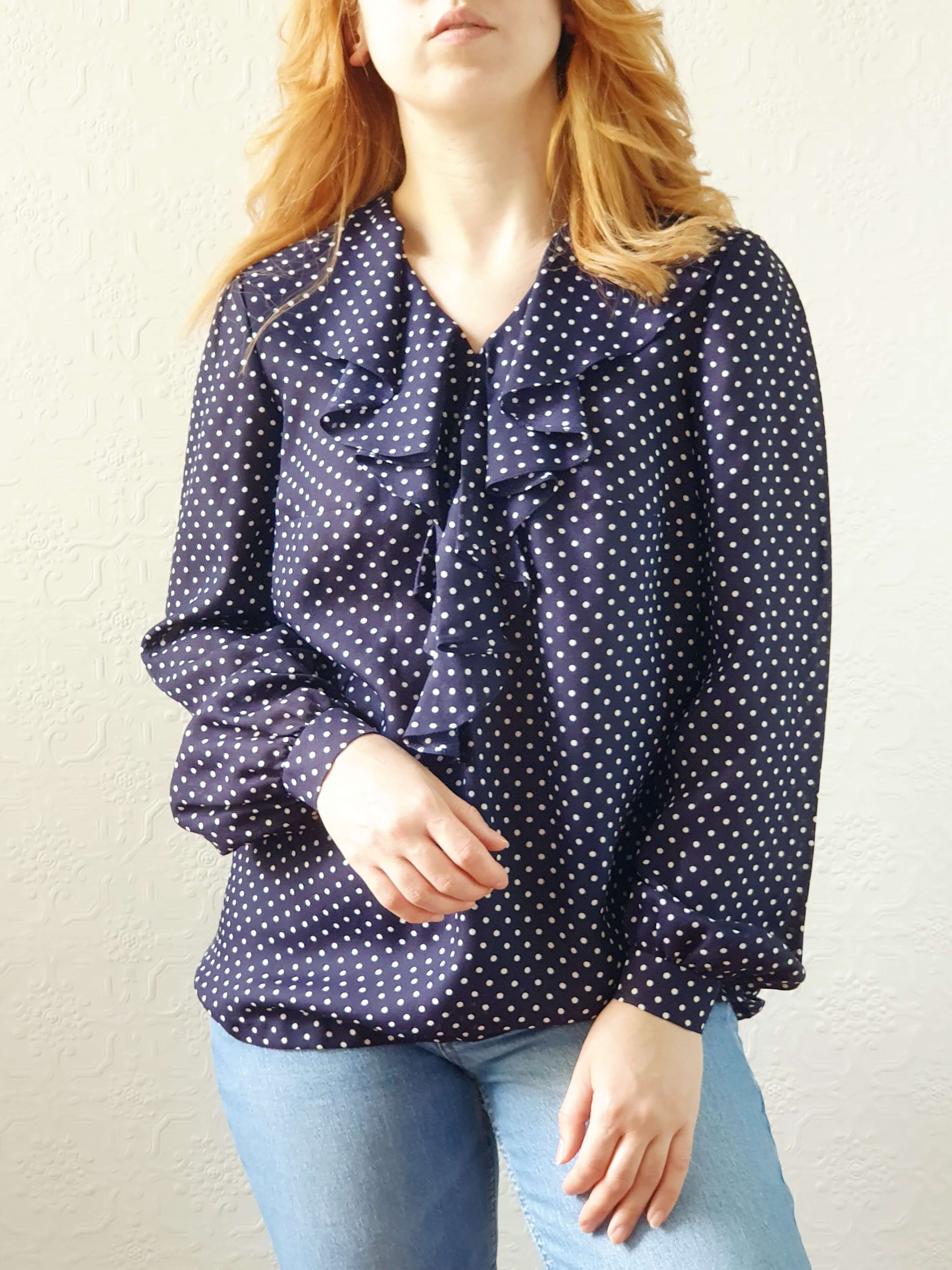 Vintage 80s Navy Polka Dot Ruffle Blouse - S/M - Image 2