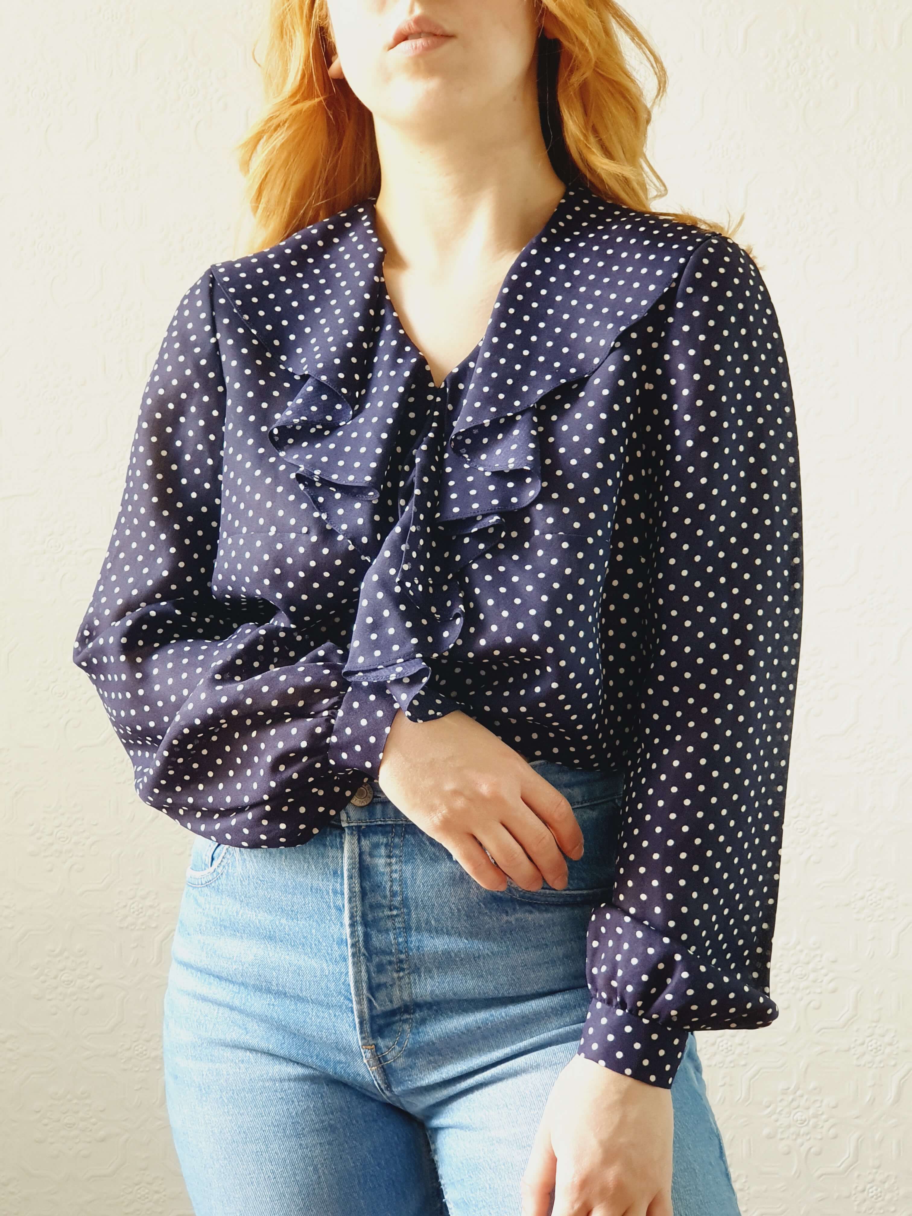 Vintage 80s Navy Polka Dot Ruffle Blouse - S/M - Image 3