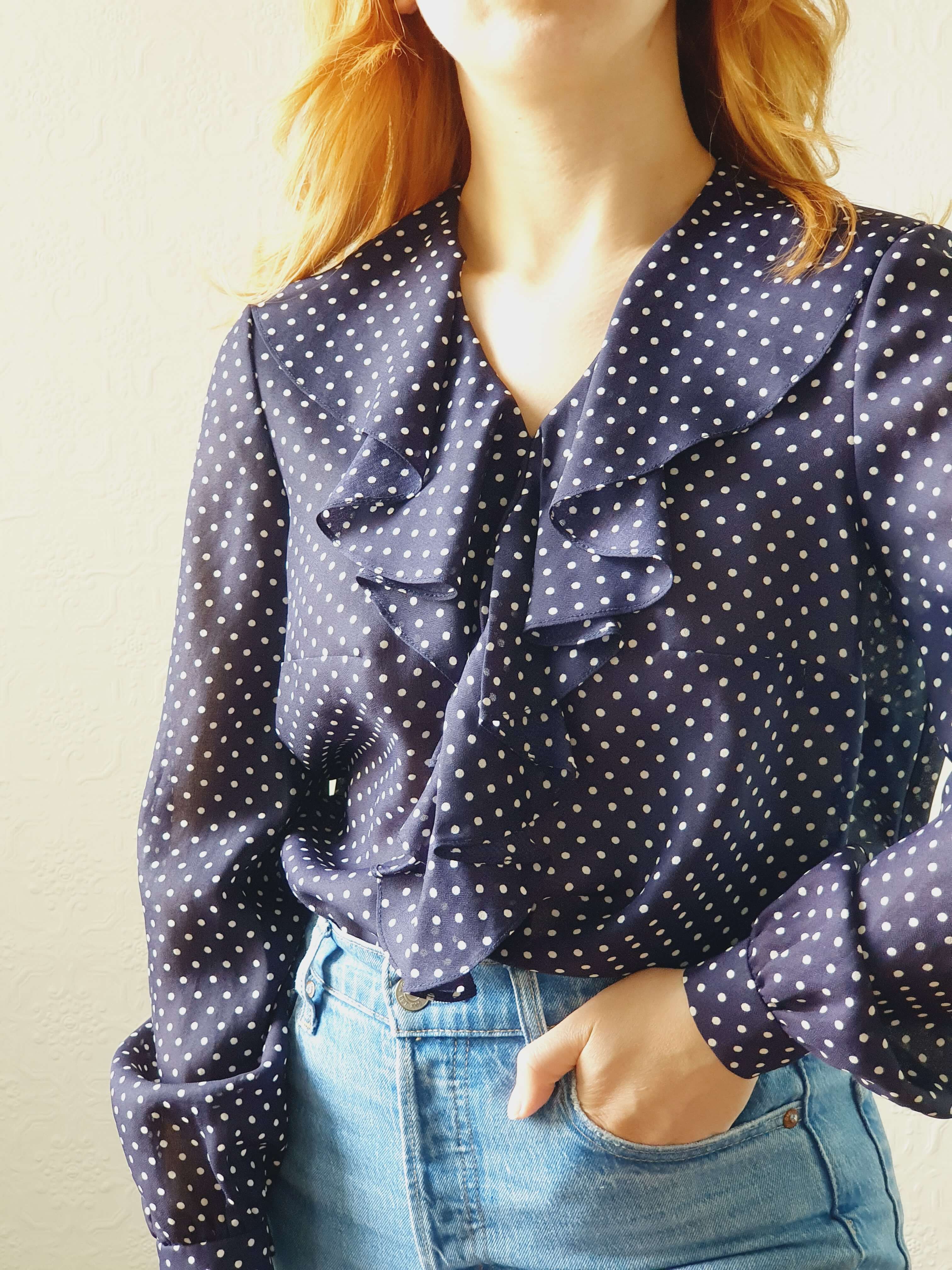 Vintage 80s Navy Polka Dot Ruffle Blouse - S/M - Image 4
