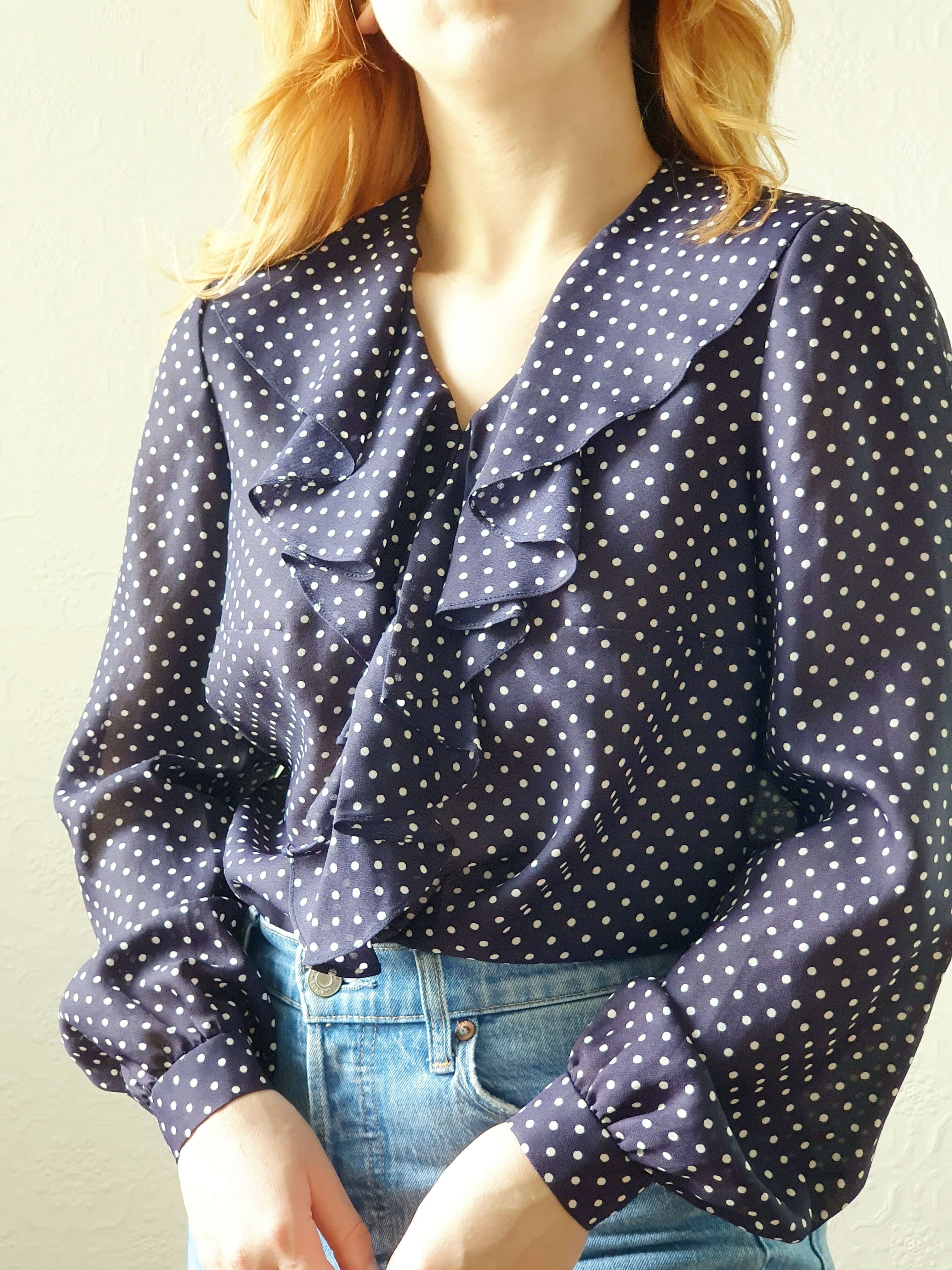 Vintage 80s Navy Polka Dot Ruffle Blouse - S/M - Image 5
